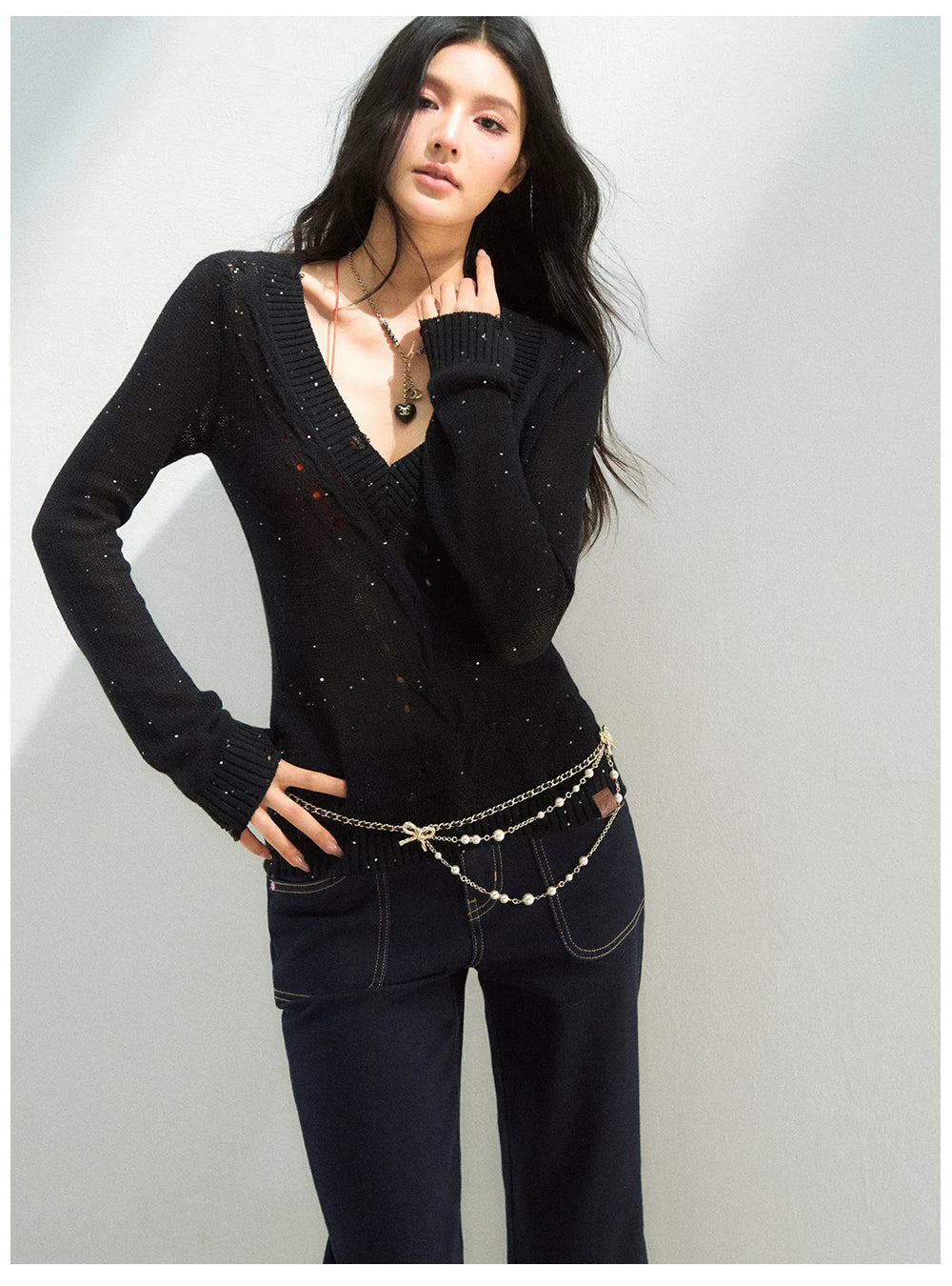 Distressed Openwork V-Neck Knit Top