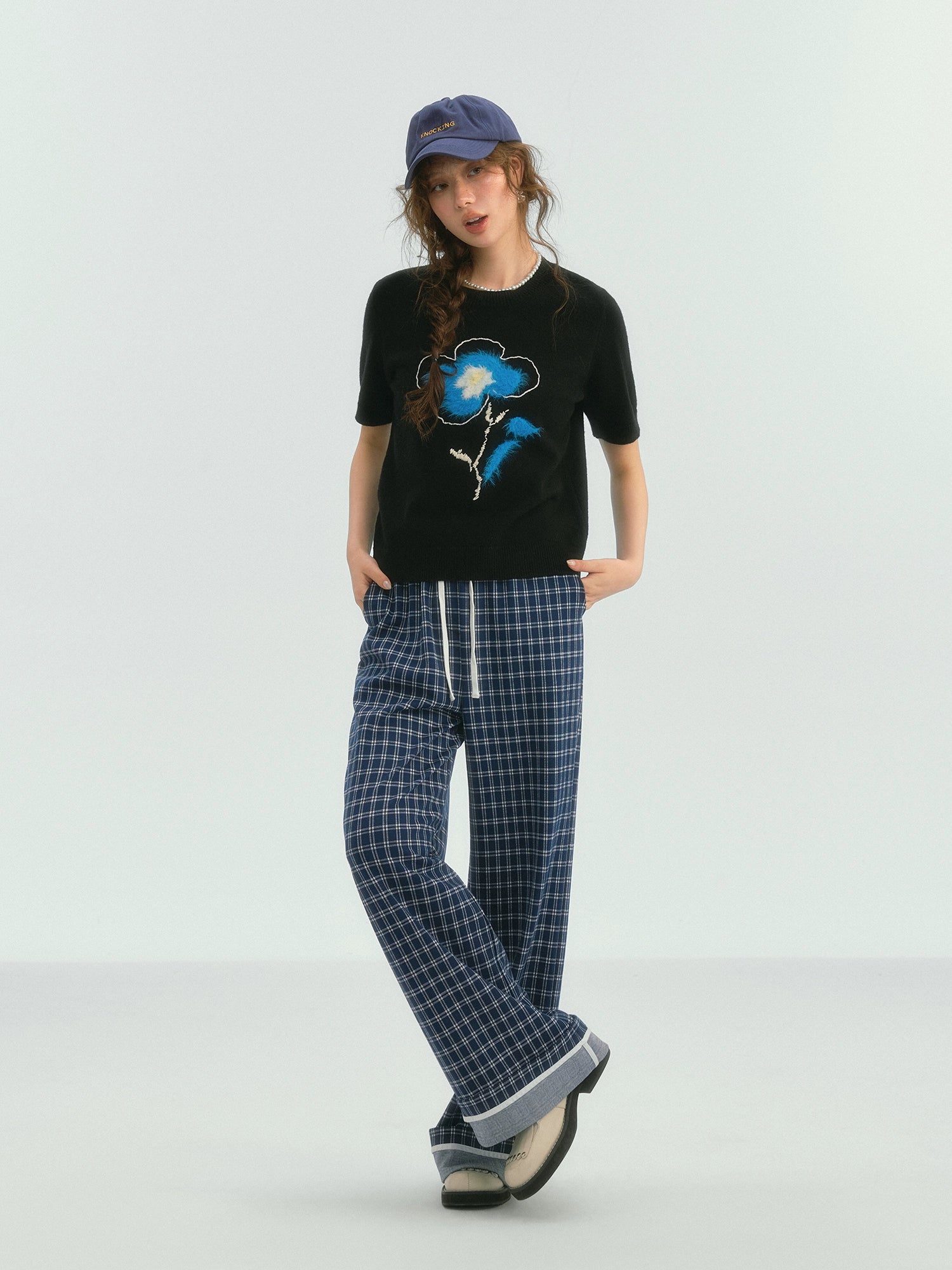 Embroidered Flower Knit Short Sleeve T-shirt - CHINASQUAD