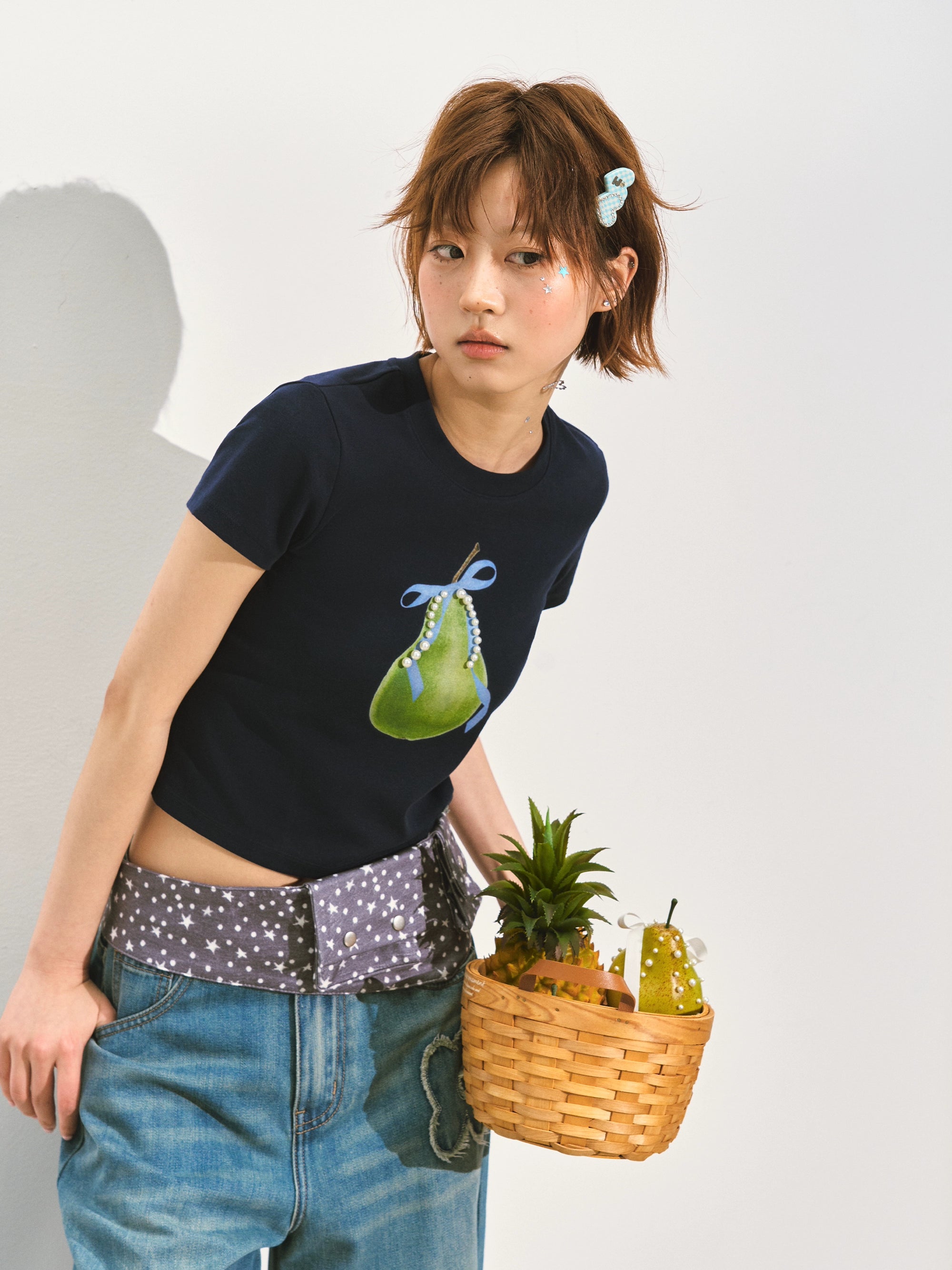 Pearl Bow Fruity Slim-fit Short Sleeve T-shirt - CHINASQUAD