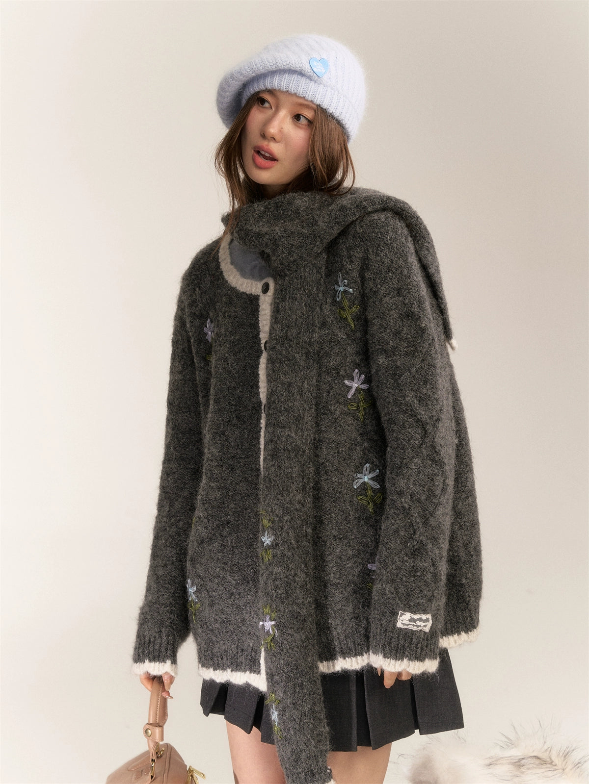 Handcrafted Floral Wool Knit Cardigan & Scarf - CHINASQUAD