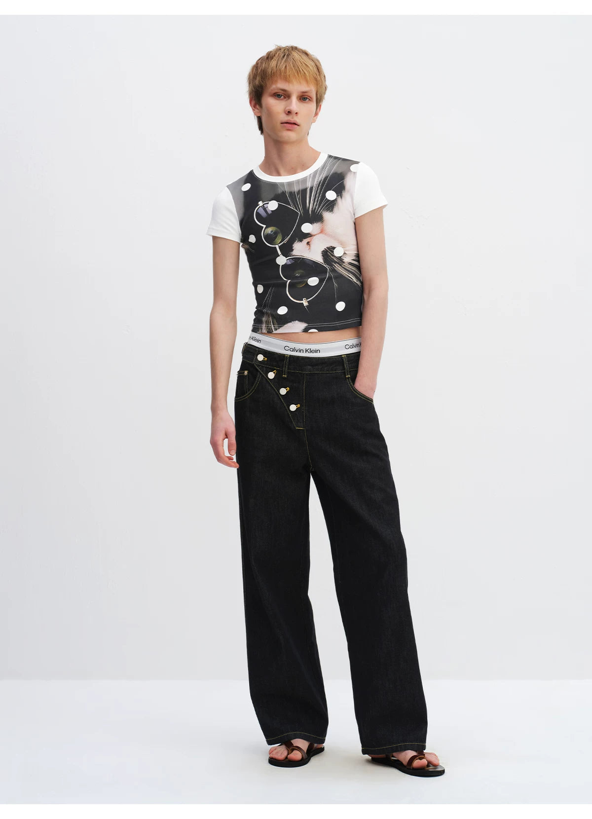 Playful Cat Polka Dot Cropped T-Shirt