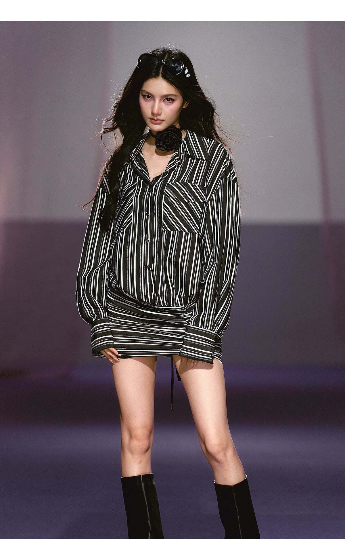 Striped Relaxed Shirt Dress with Satin Flower Brooch