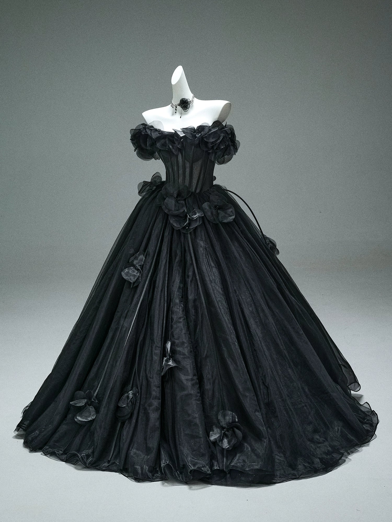 Nightfall Black Tulle Ball Gown with Floral Accents