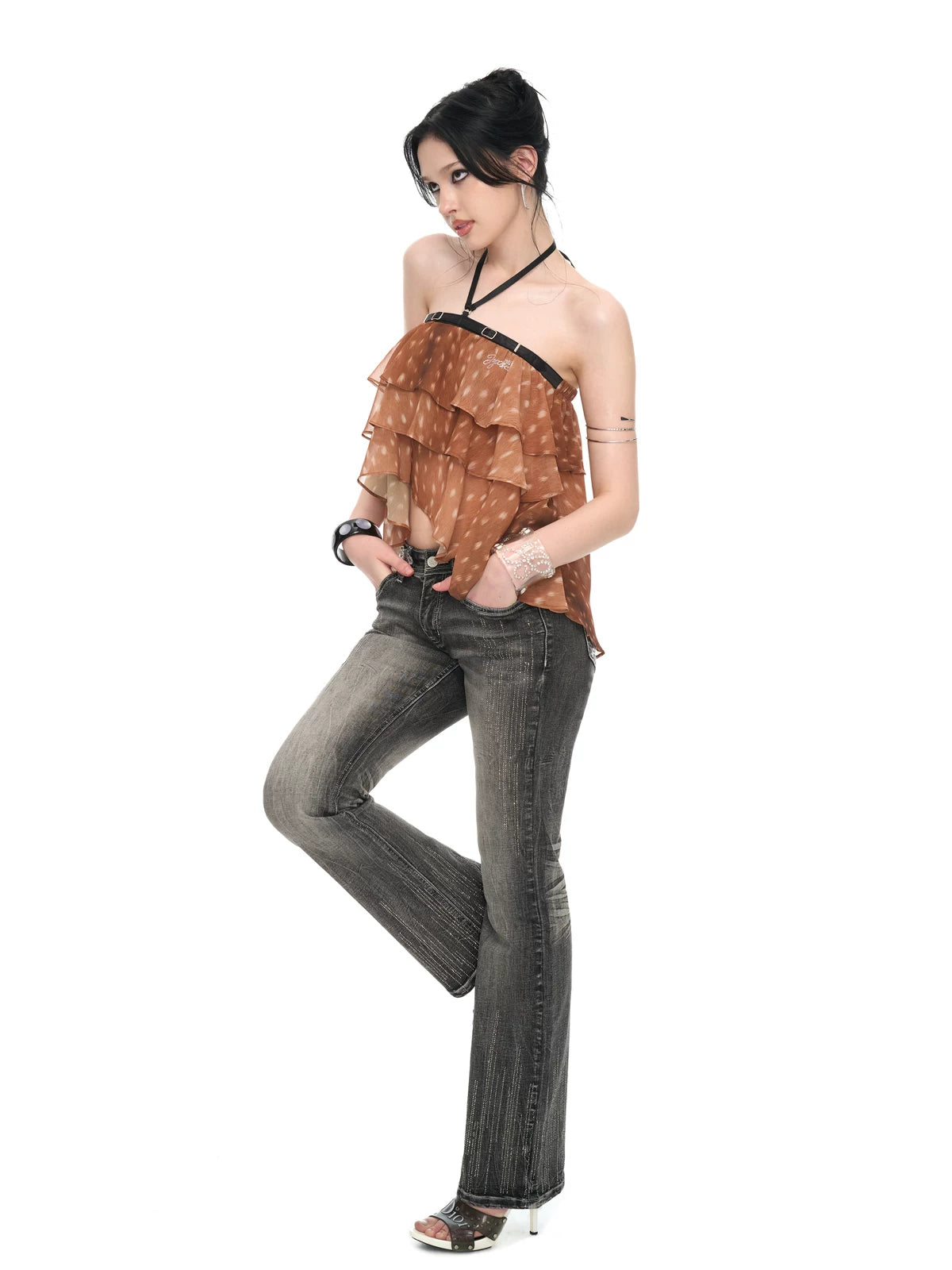 Fawn Print Asymmetric Chiffon Halter Backless Layered Blouse