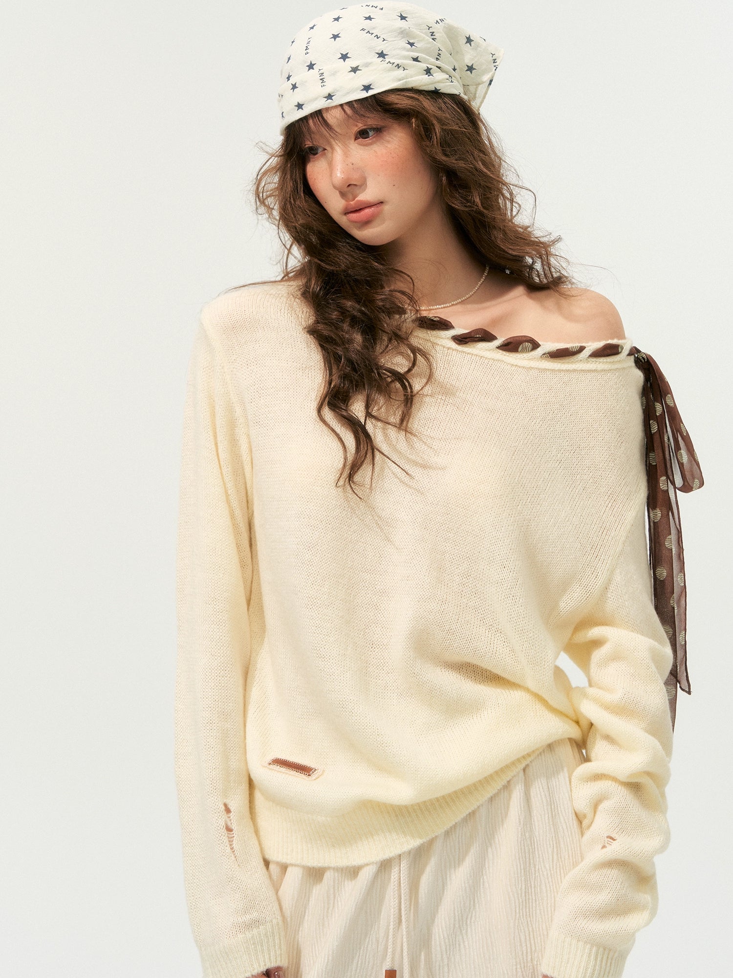 Tie-Up Off-Shoulder Knit Crewneck