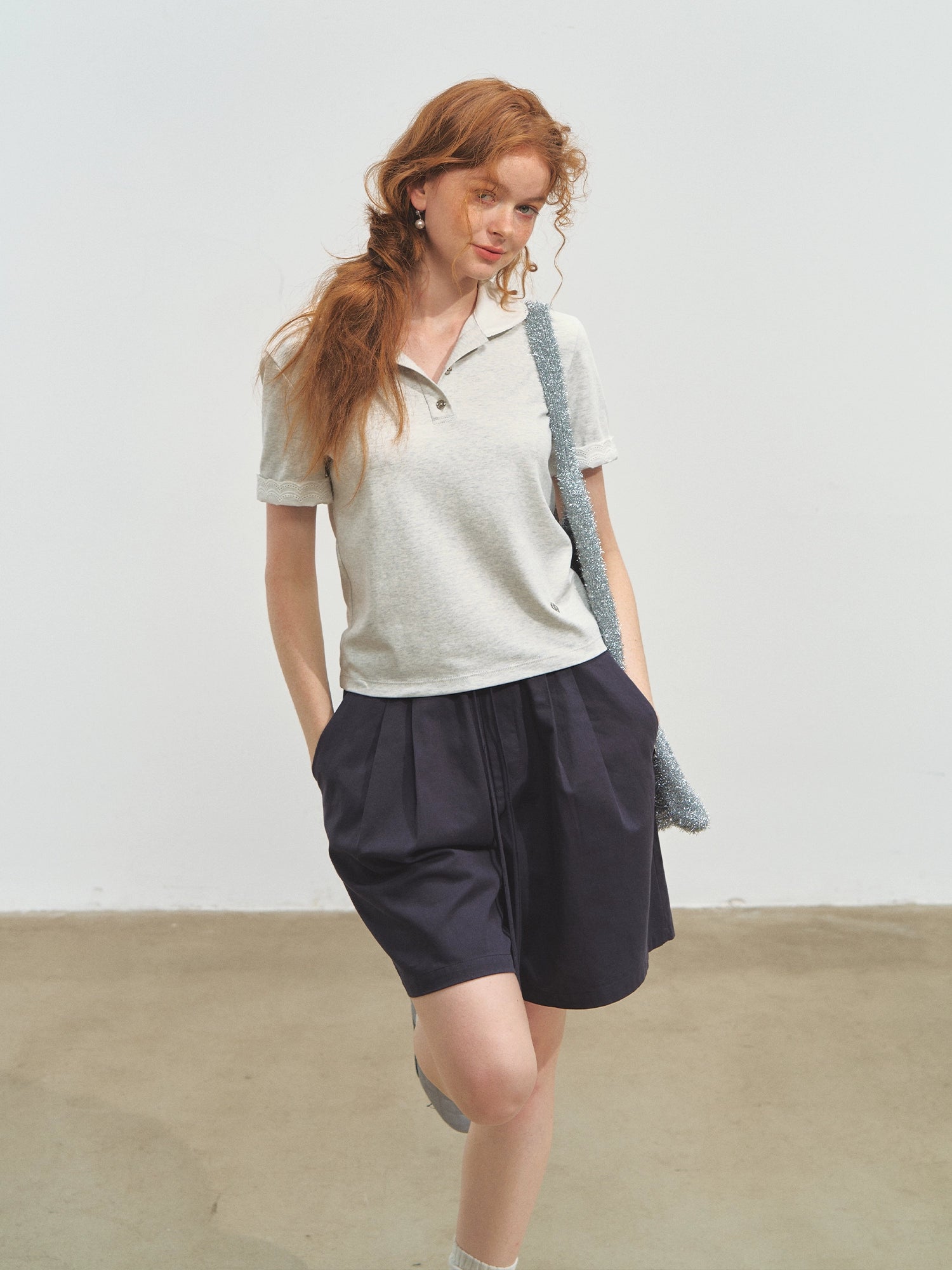 Striped Lace Short-Sleeve Polo Neck T-Shirt - CHINASQUAD