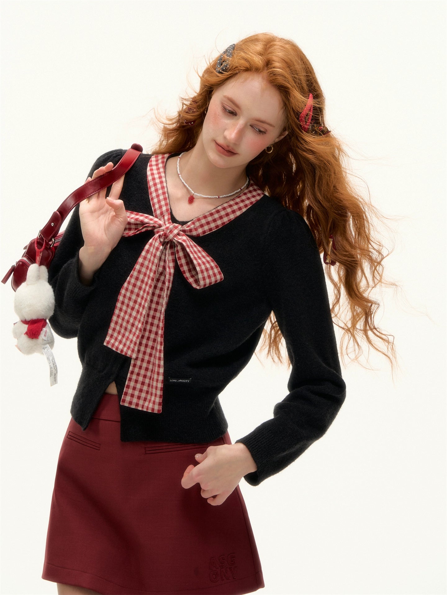Plaid Bow-Knot Round Neck Knitted Cardigan - CHINASQUAD