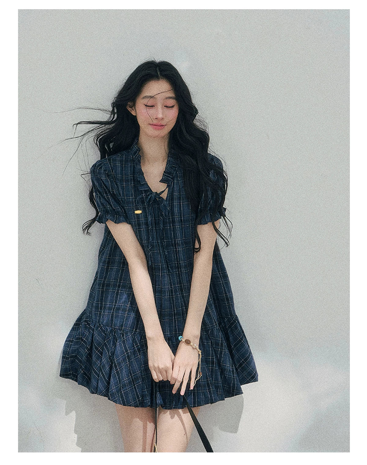 French Plaid Puff Sleeve Mini Dress