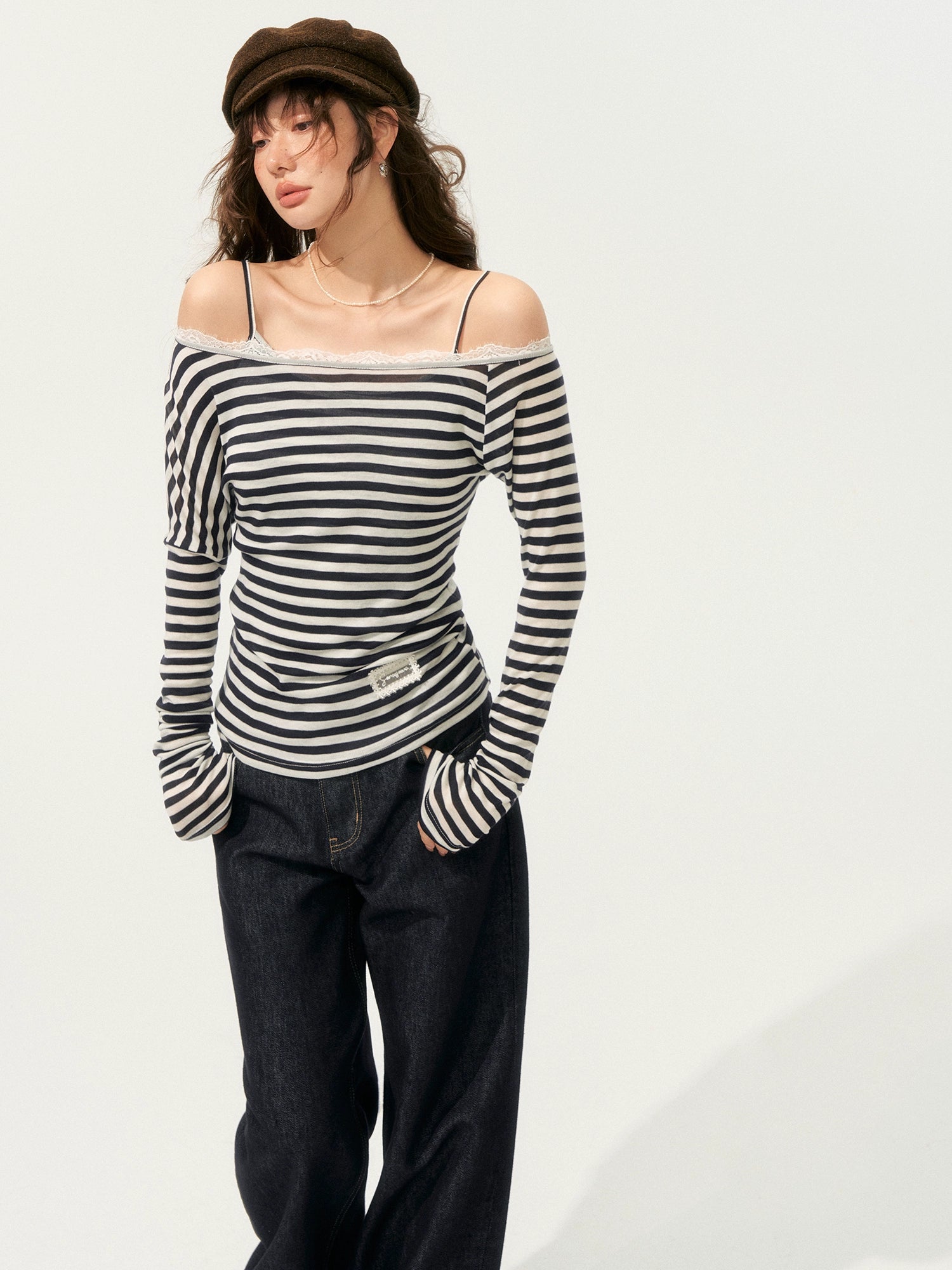 Striped Off Shoulder Fake Two-Piece T-Shirt - CHINASQUAD