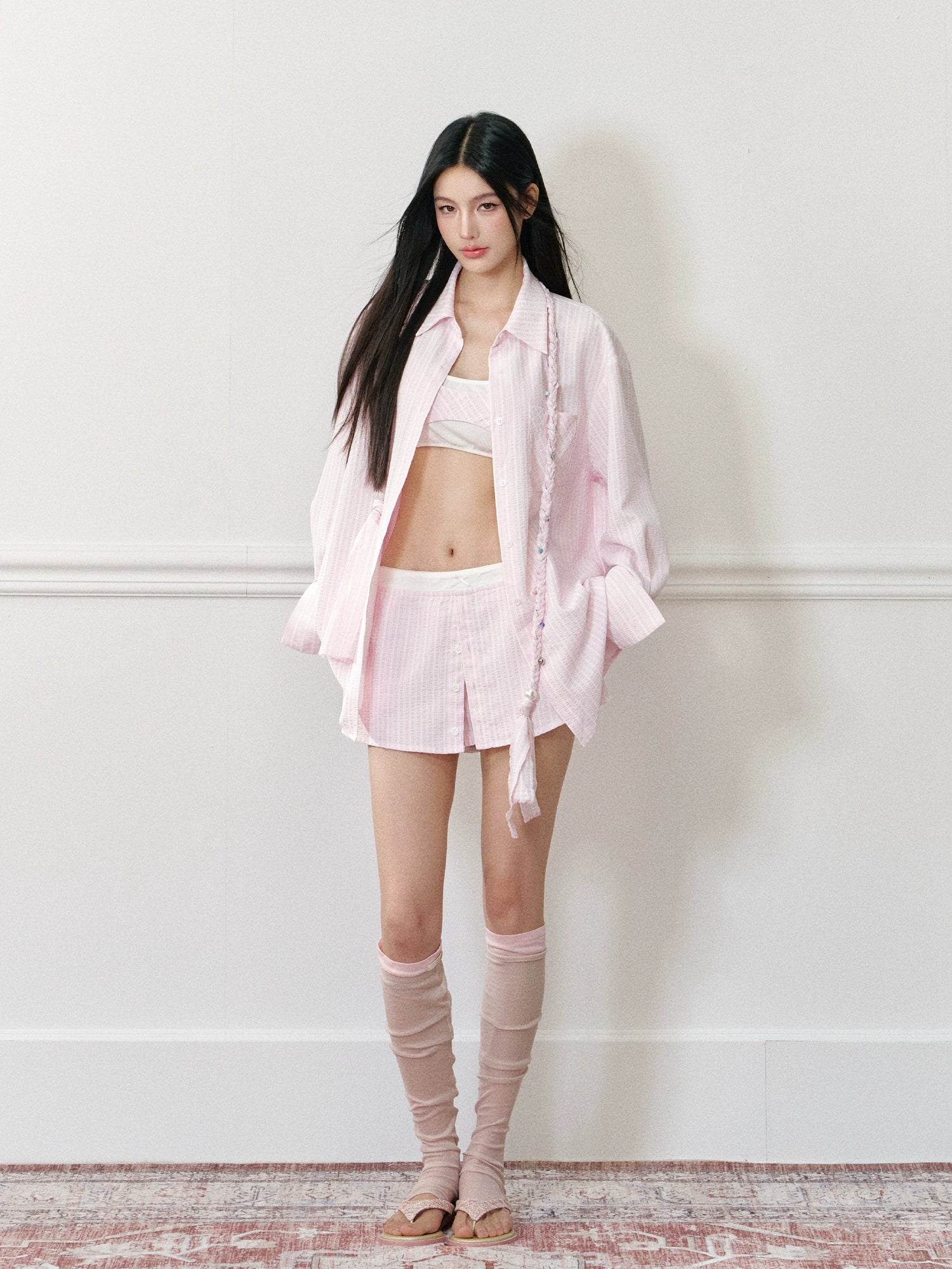 Pink Oversized Striped Shirt - CHINASQUAD