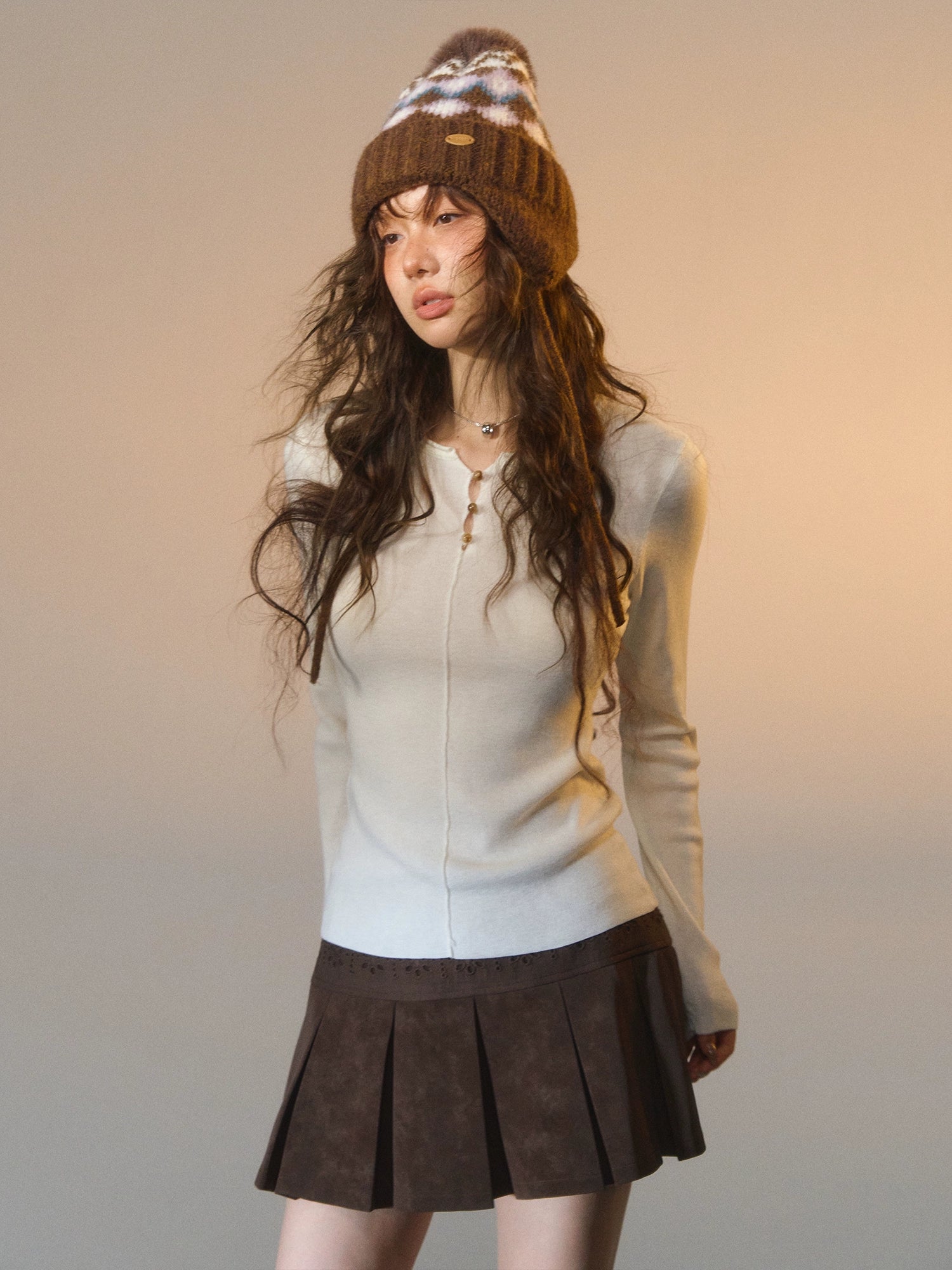 Striped Button-Up Knit Crewneck