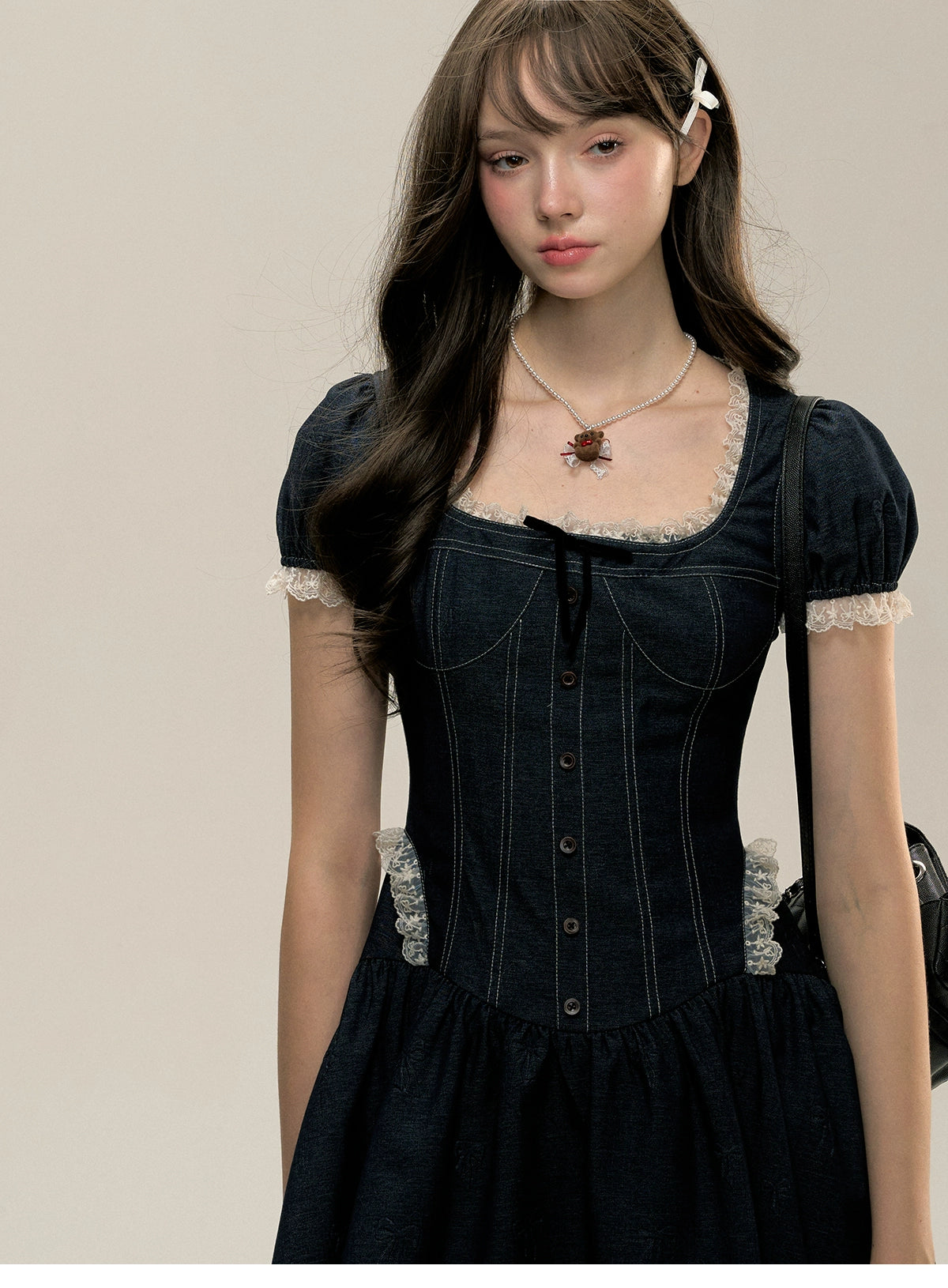 Square Neckline Short-sleeve Denim Dress - CHINASQUAD