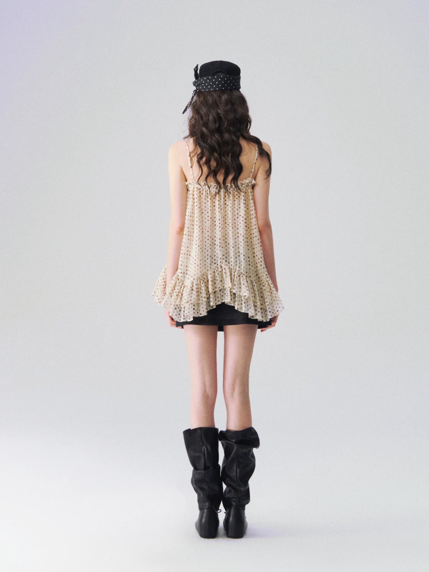 Sheer Polka Dot Asymmetric Ruffle Camisole