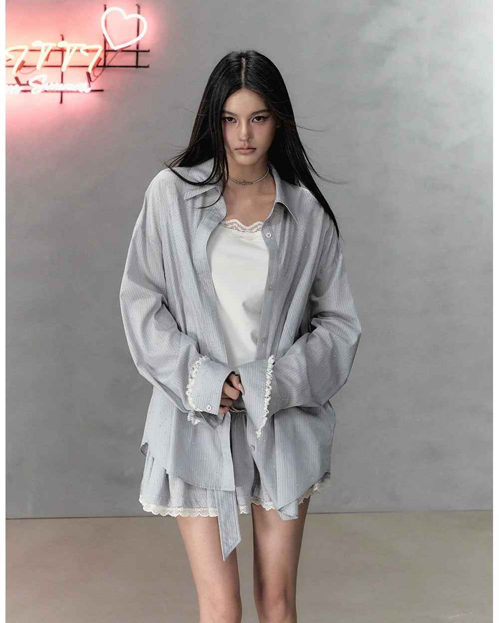 VIA PITTI Shiny Rhinestone Striped Lace Patchwork Shirt & Skirt – view 8