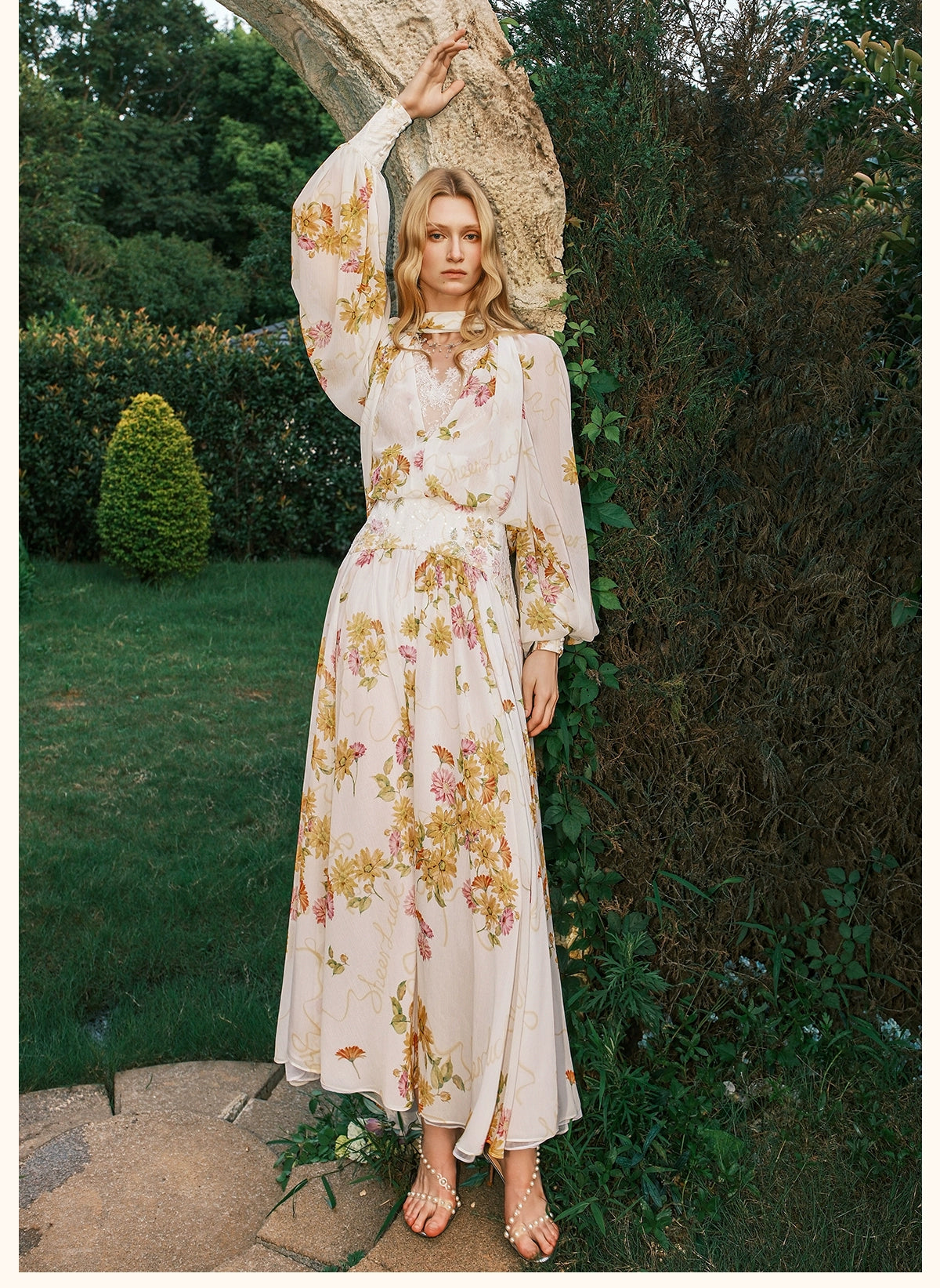 Milena Chiffon Lace Lantern Sleeve Midi Dresse - CHINASQUAD