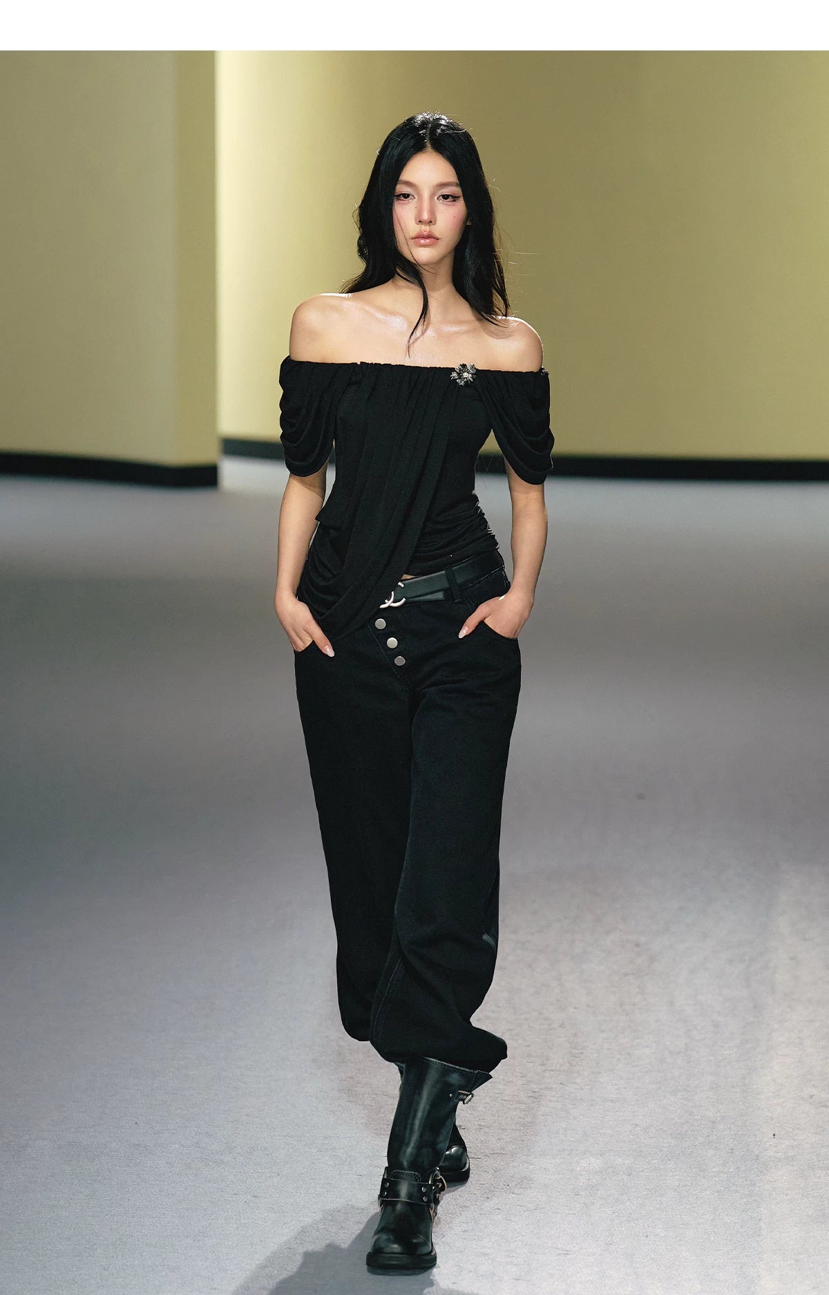 Asymmetric Placket Straight-Leg Denim Trousers