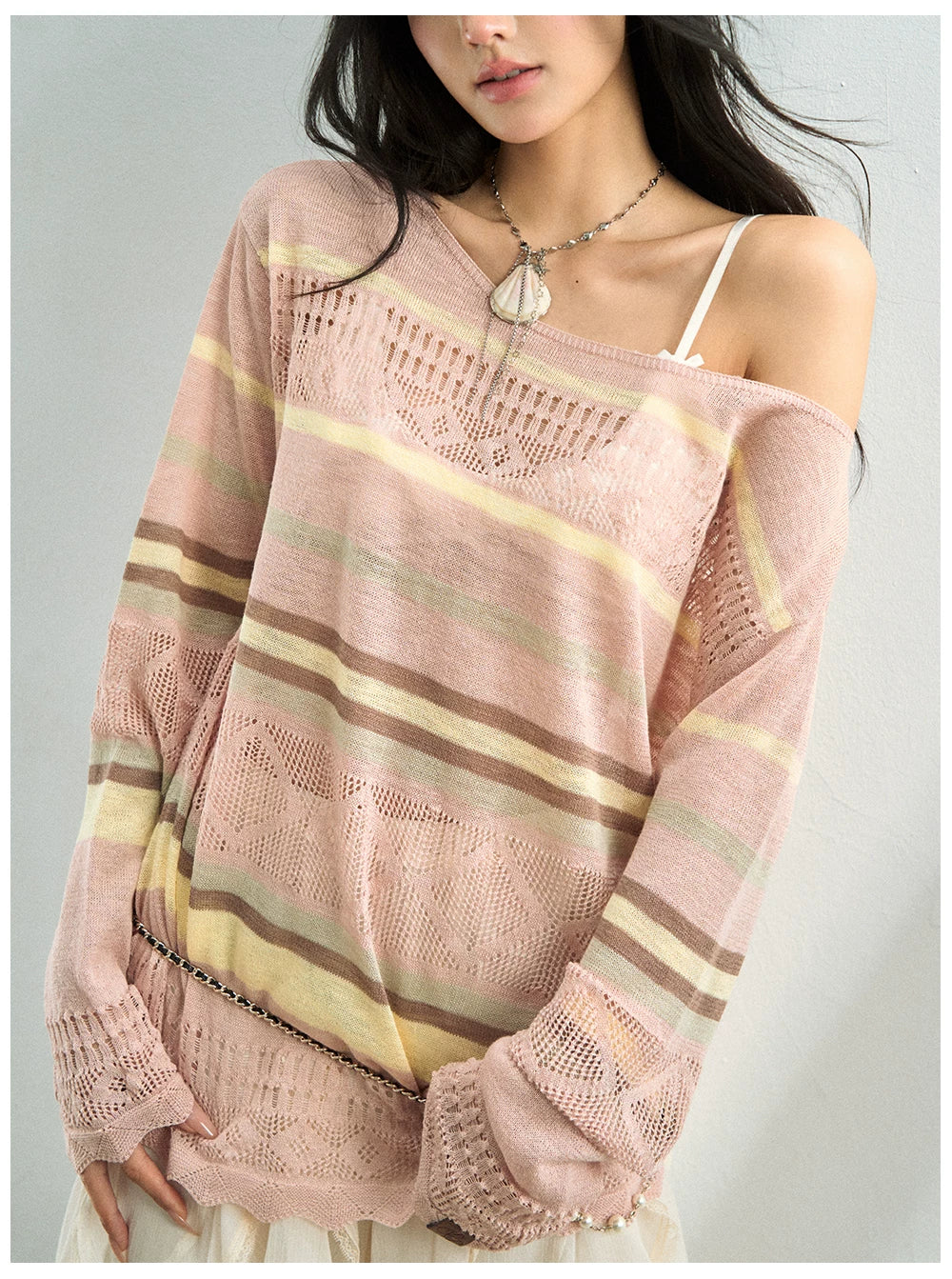 Color-Block Open Knit Stripe Blouse