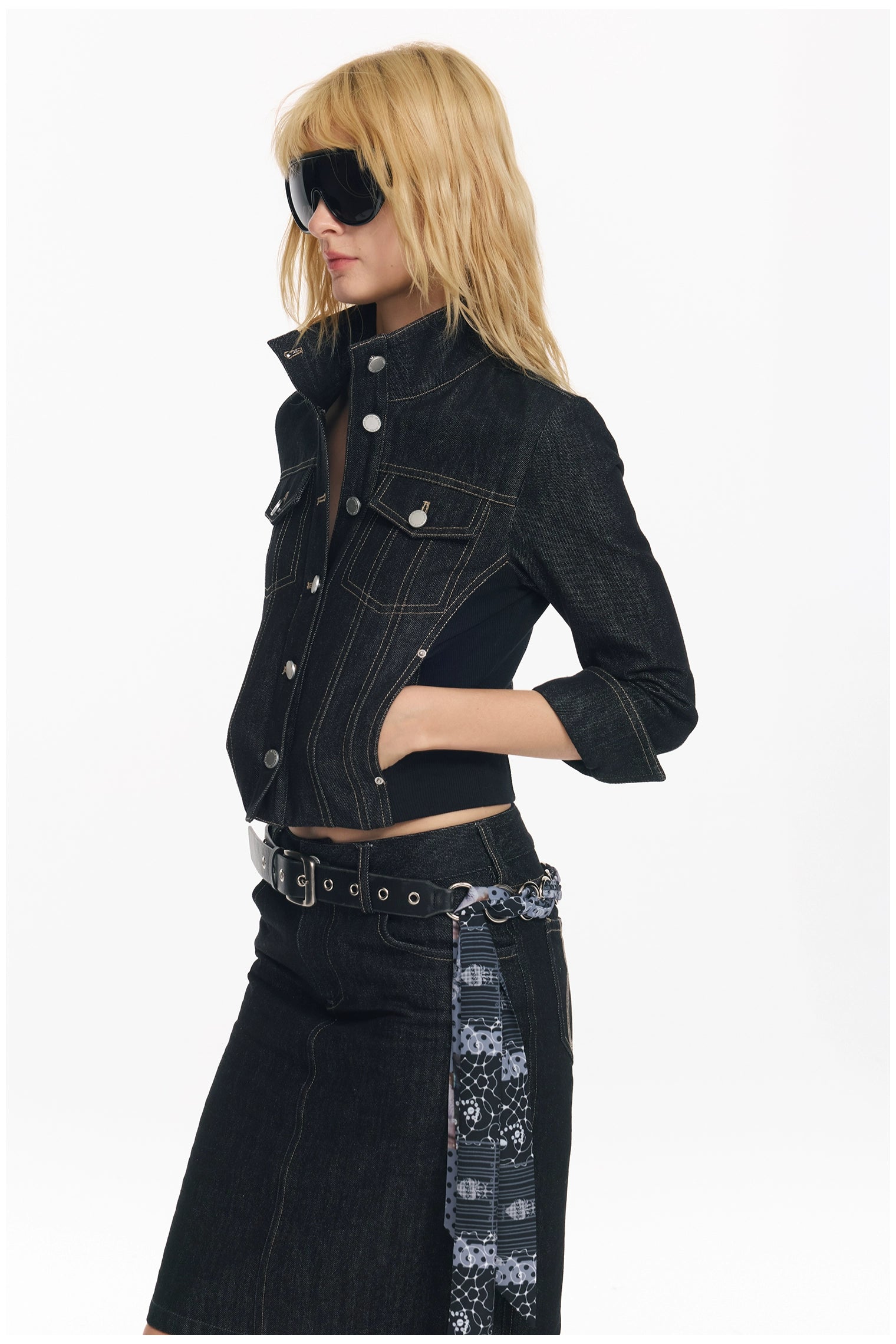 Cropped Stripe Stitch Denim Jacket & Skirt Set