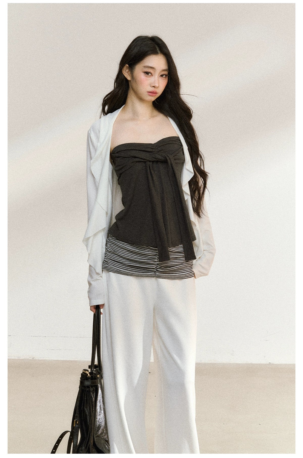 Layered Ruffle-Edge Cardigan & Tube Top Set - CHINASQUAD