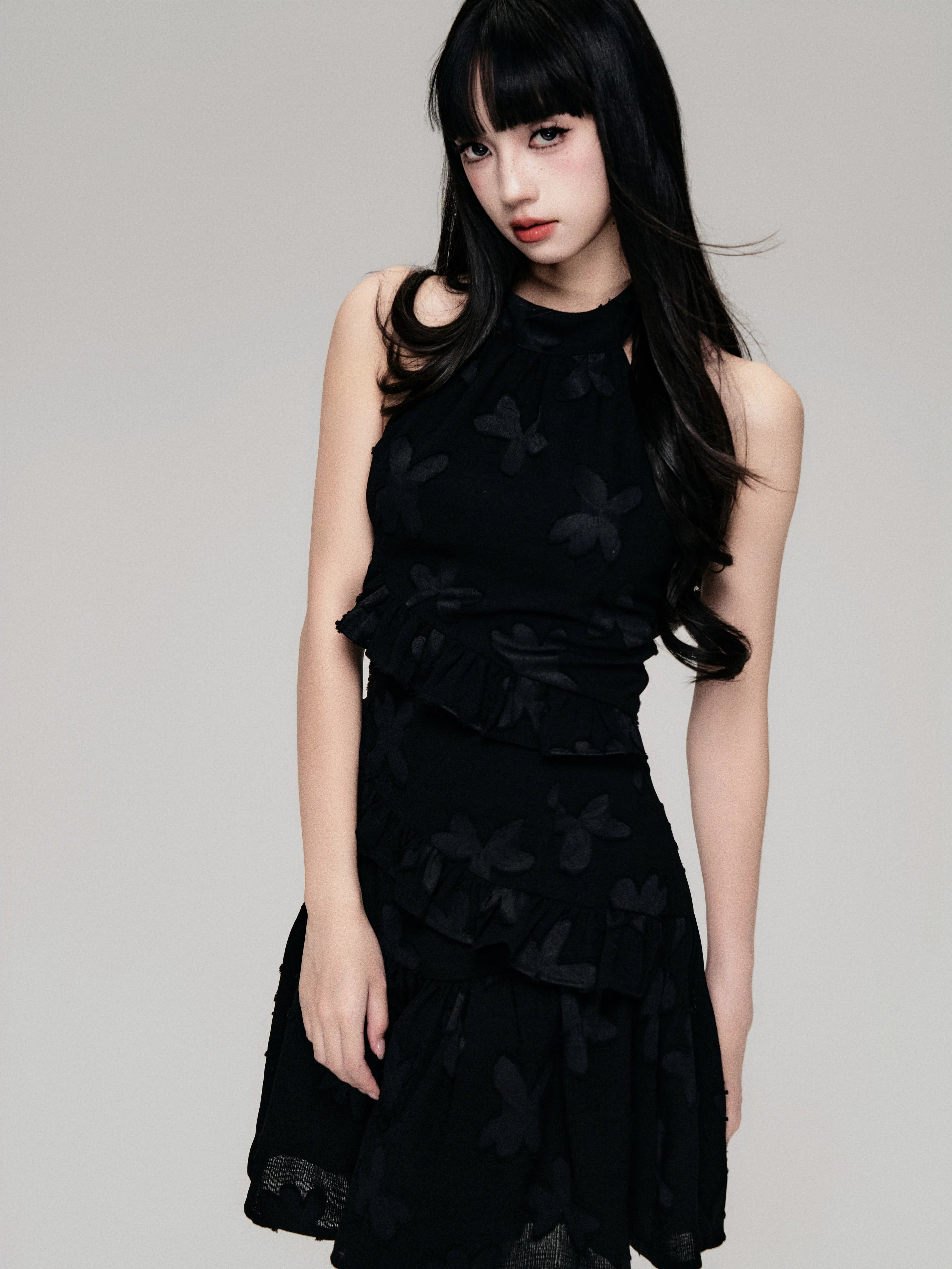 Textured Cut-Out Floral Halter Mini Dress