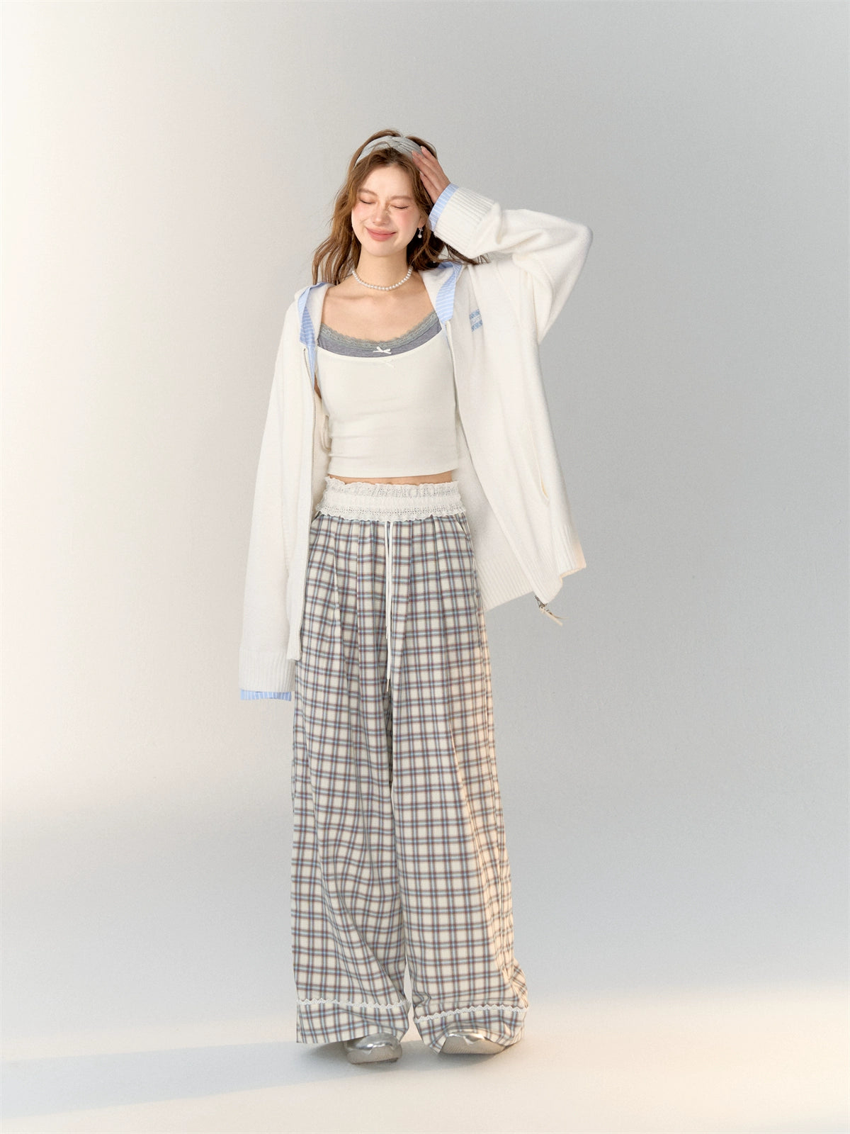 Lace-Trimmed Plaid Wide-Legged Pants - CHINASQUAD