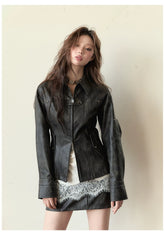 Dark Brown Studded PU Leather Jacket - CHINASQUAD