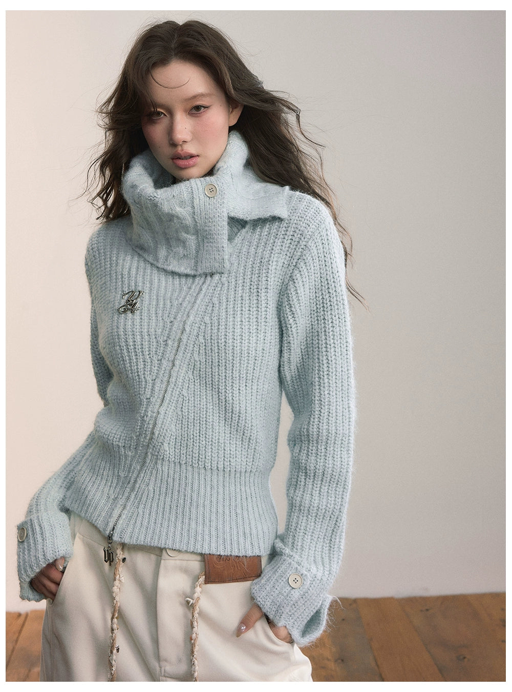 Oversized Lapel Asymmetrical Zip Knit Cardigan - CHINASQUAD