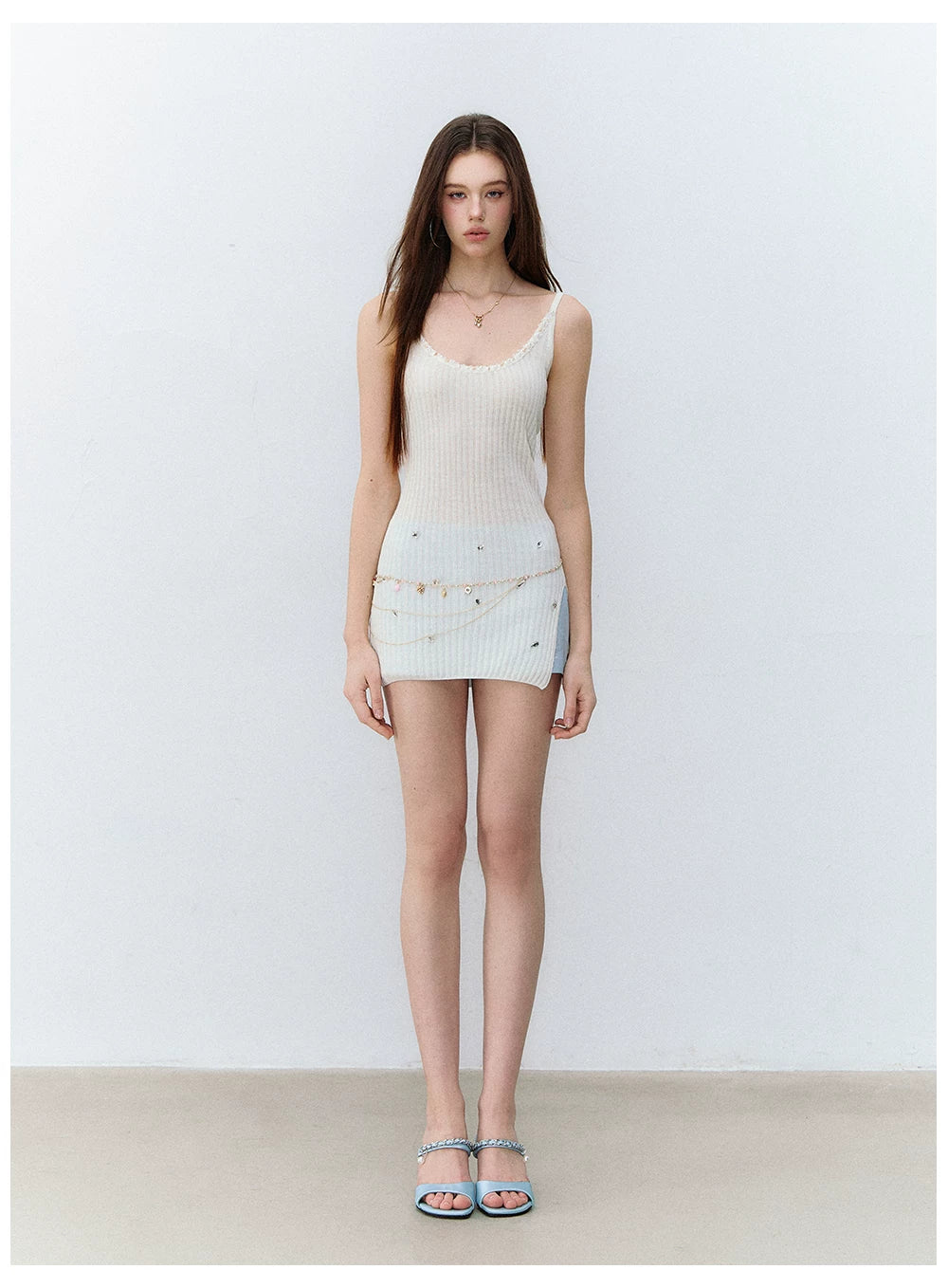 Crystal-Embellished Ribbed Knit Side-Slit Camisole Dress