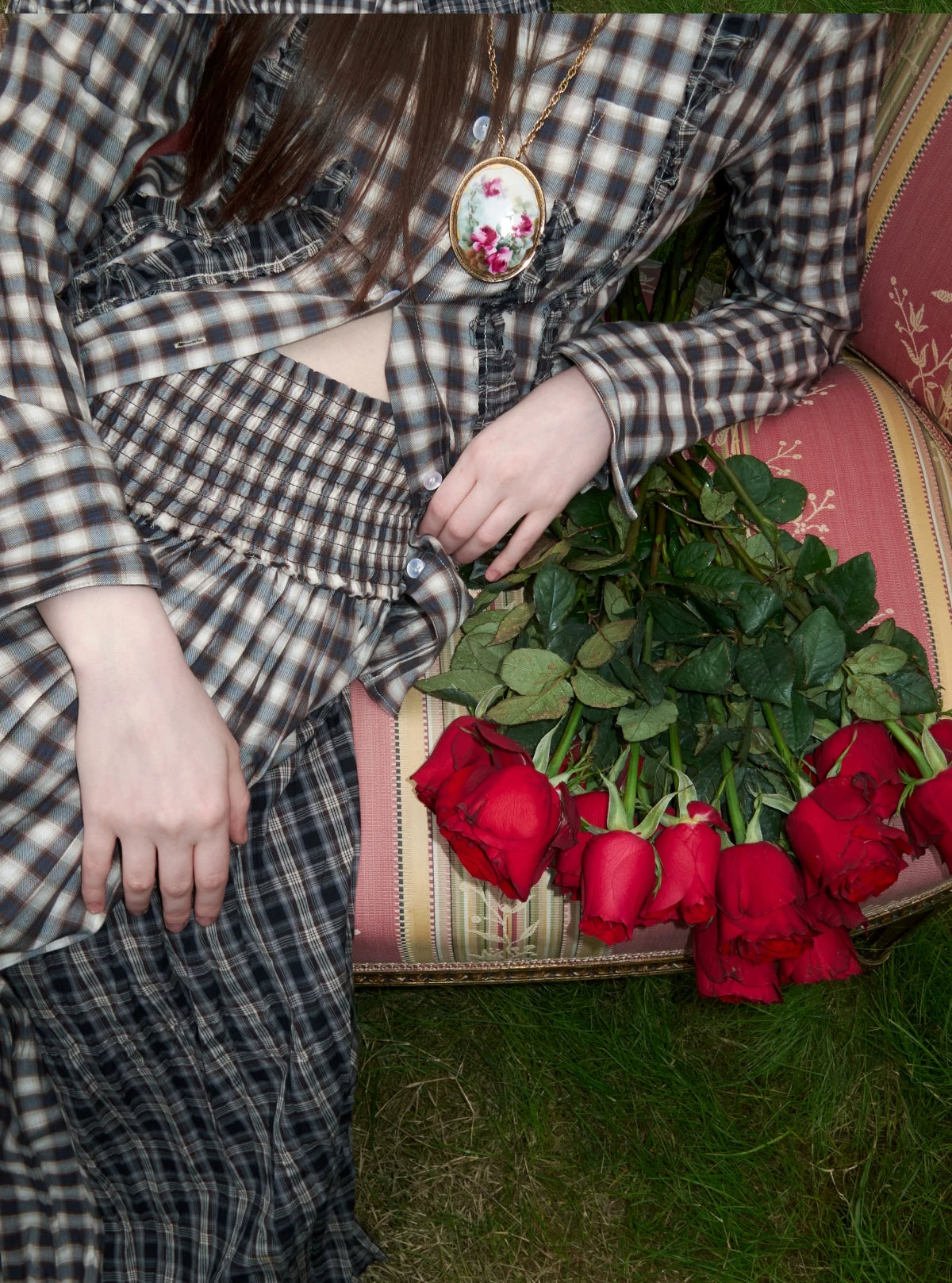 Contrast Plaid Ruffle Shirt & Long Skirt Set