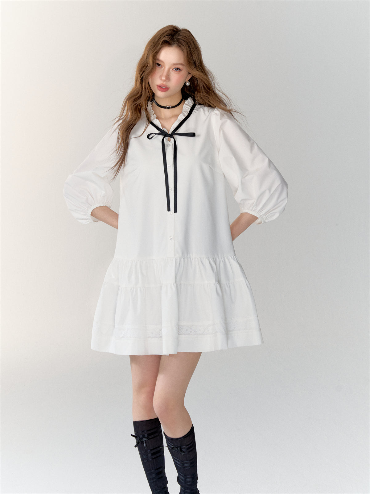 White Bowknot Tied Pleated Shirt Dress - CHINASQUAD