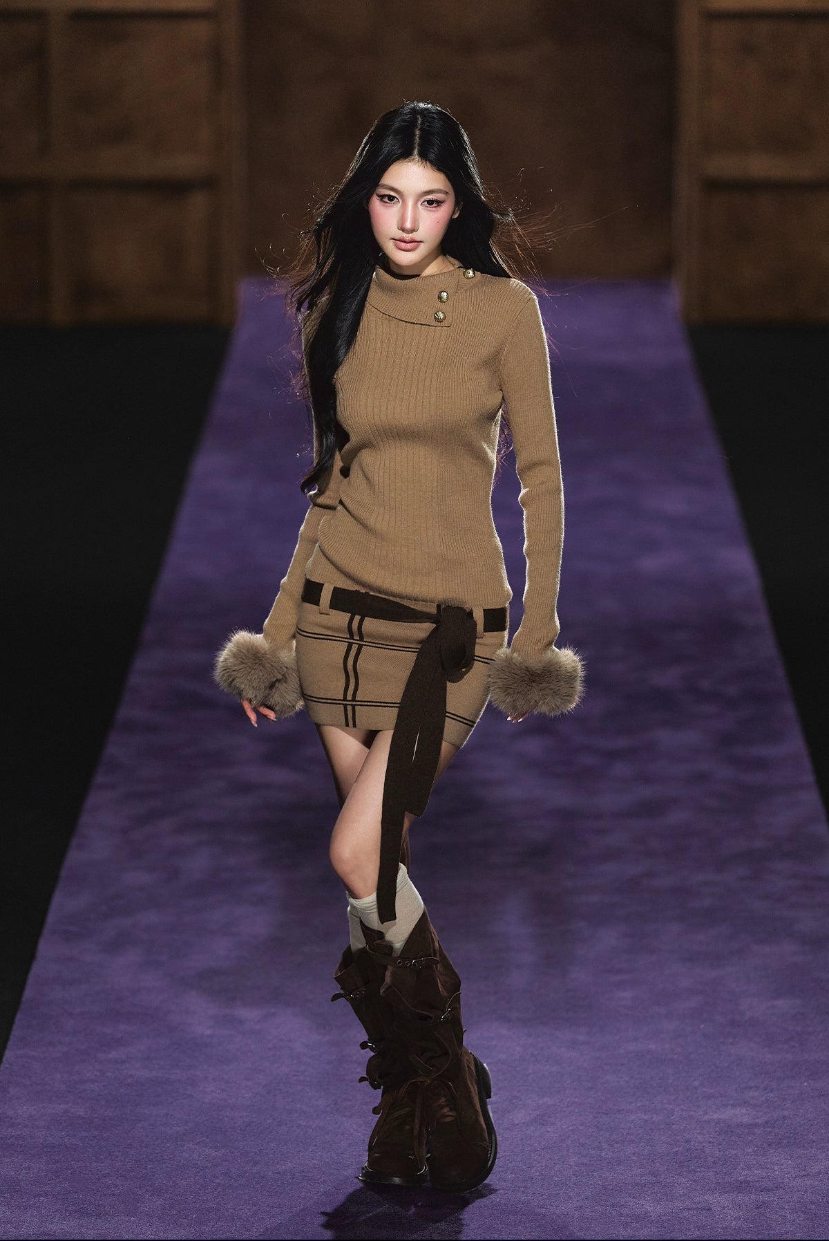 Faux Fur Cuff High-Neck Knit Dress