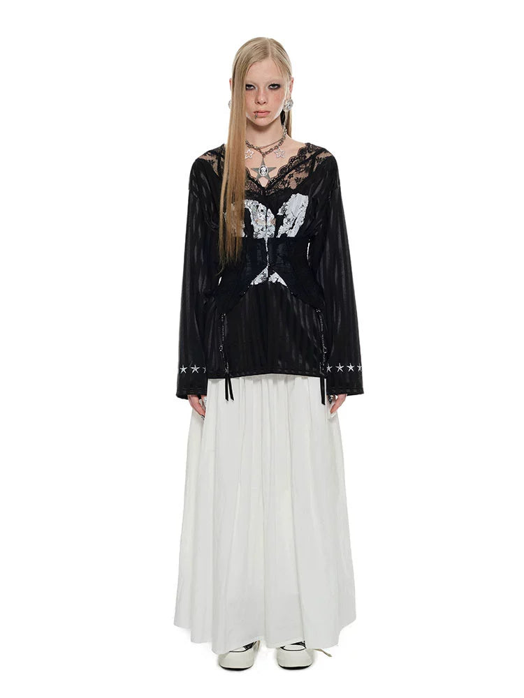 Black & White Lace-trimmed V-neck Satin Jersey - CHINASQUAD