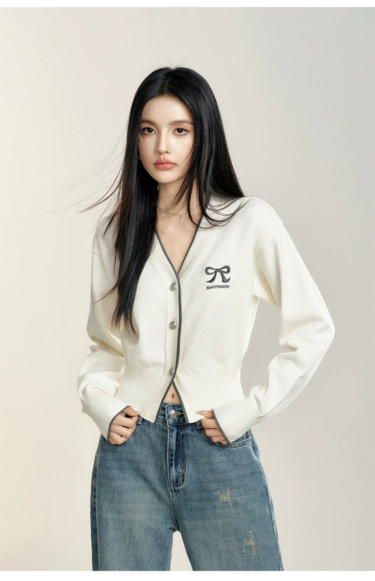 White V-neck Cropped Cardigan - CHINASQUAD