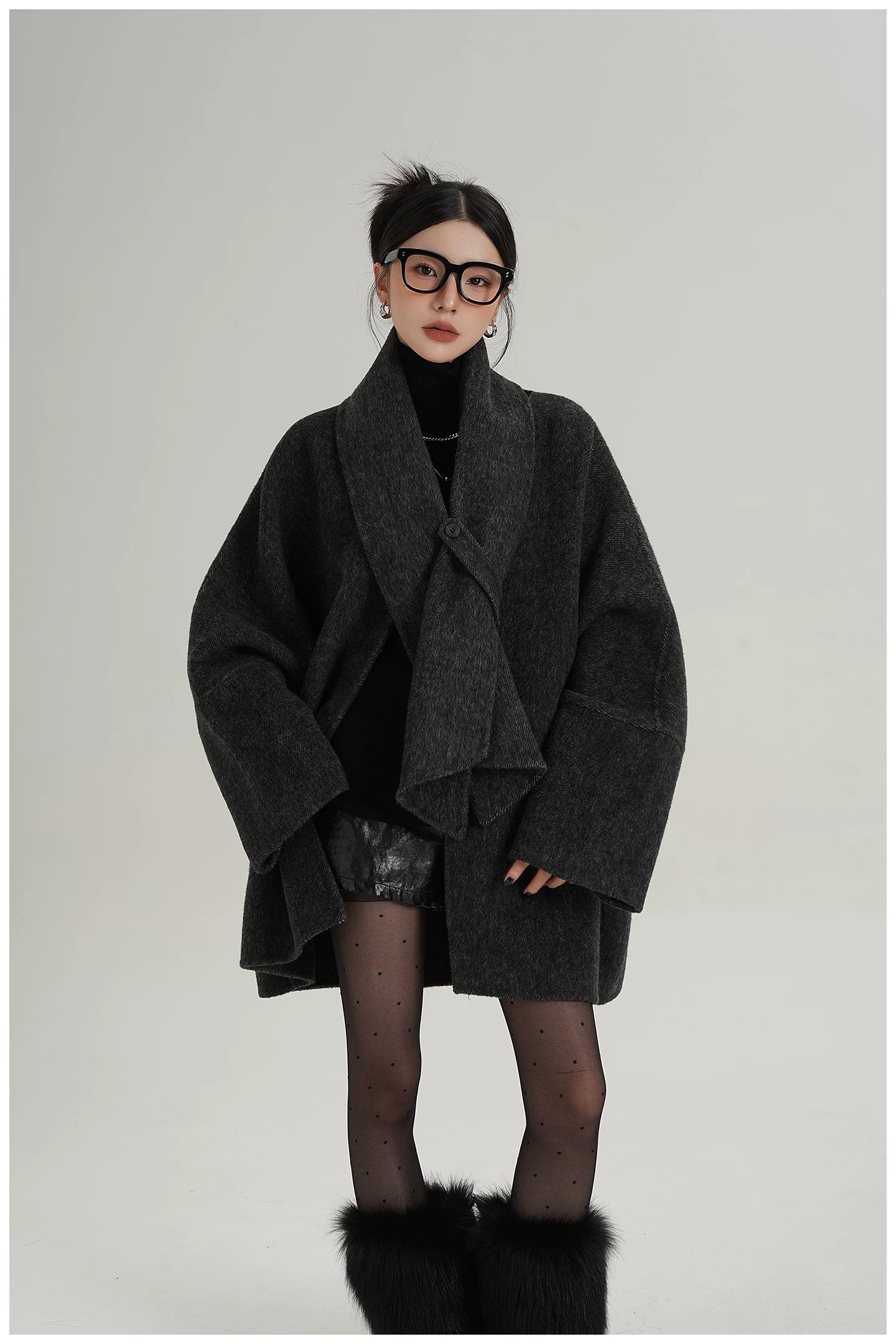 Scarf-Detail Mid-Length Wool Jacket