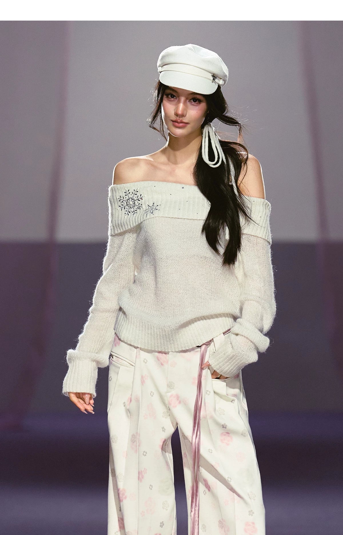 Snowflake Rhinestone Off-Shoulder Knit Sweater