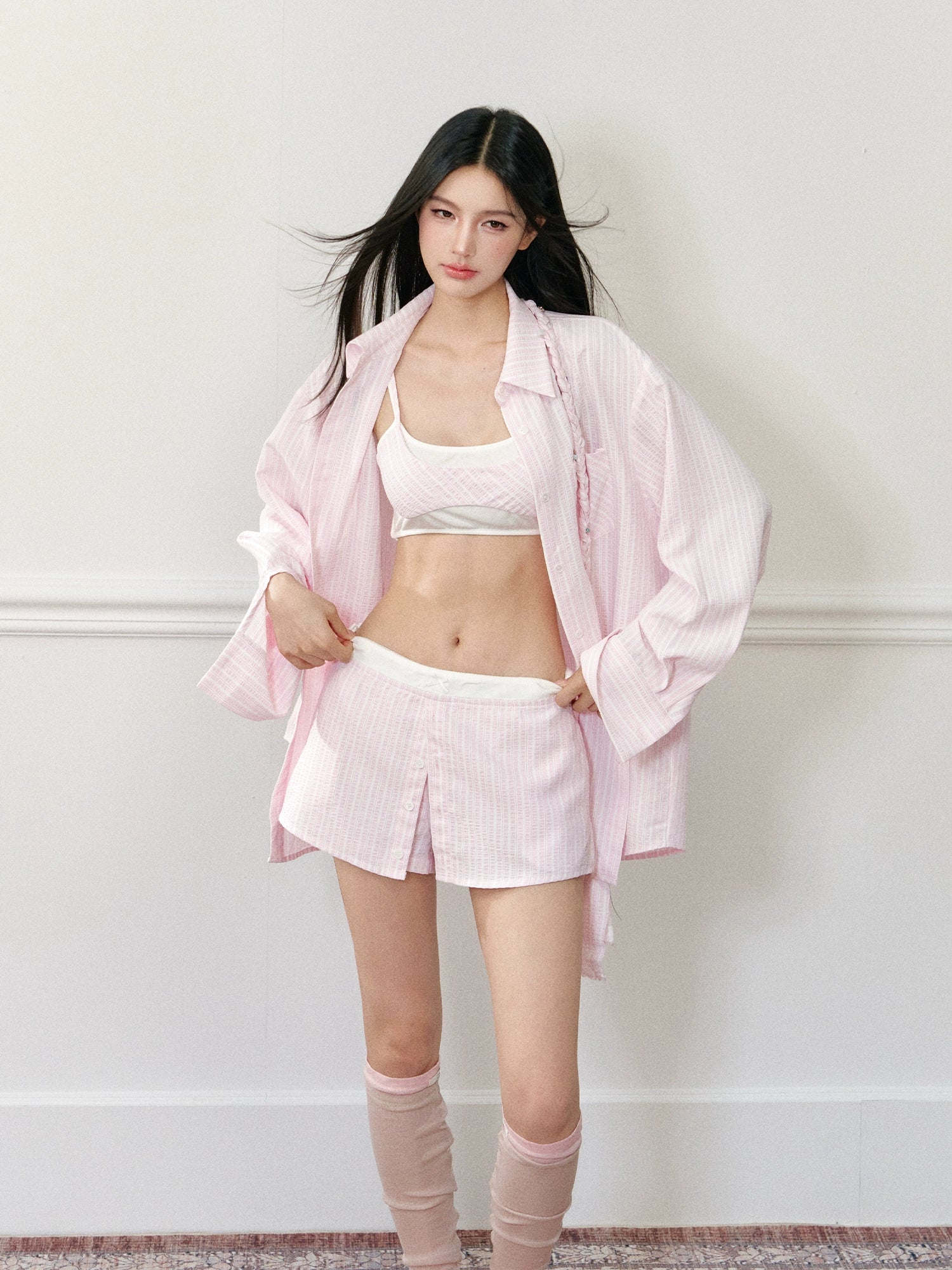 Pink Oversized Striped Shirt - CHINASQUAD