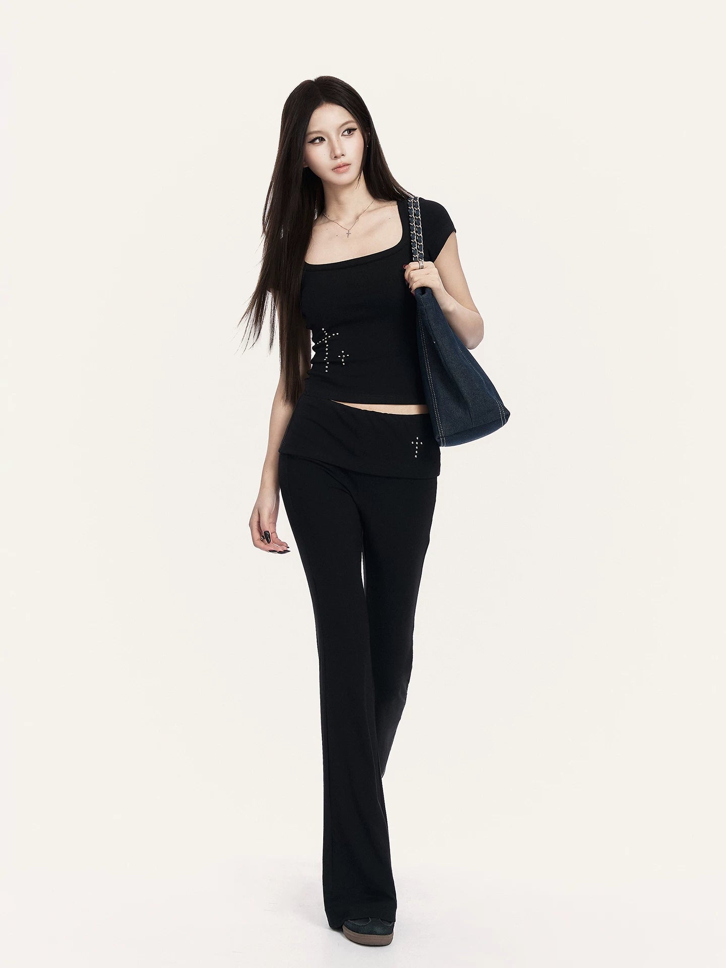 Square Neck Cropped Tee & Flare Pants Set