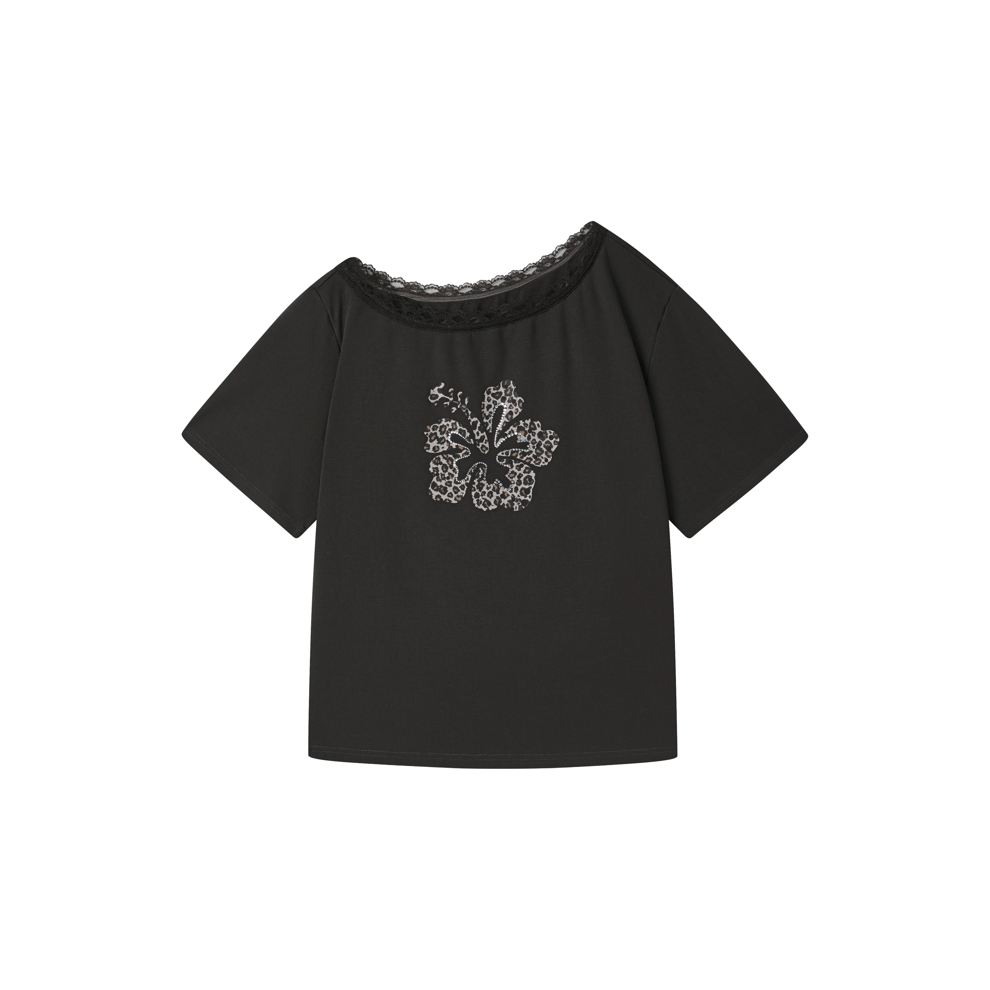 Leopard Rhinestone One-Shoulder T-Shirt