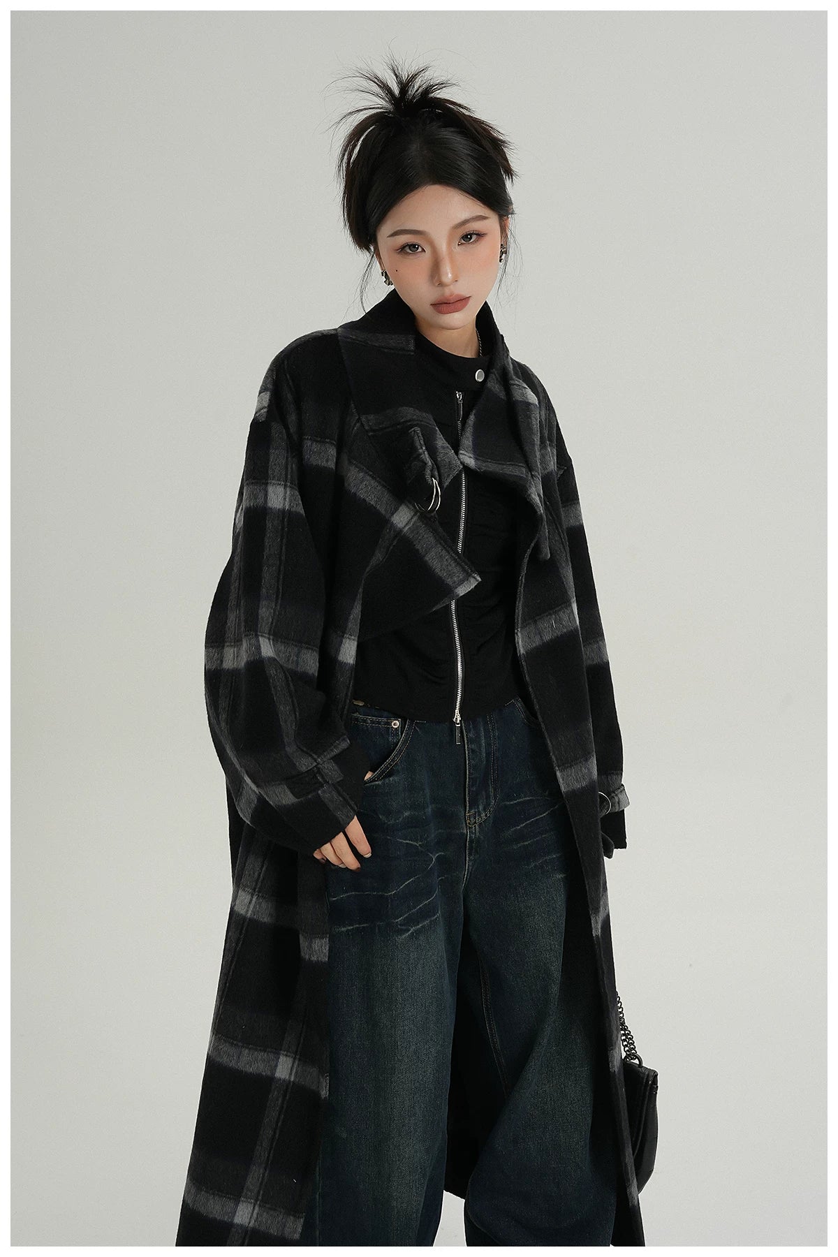 Plaid Stand-Collar Double-Faced Wool Coat