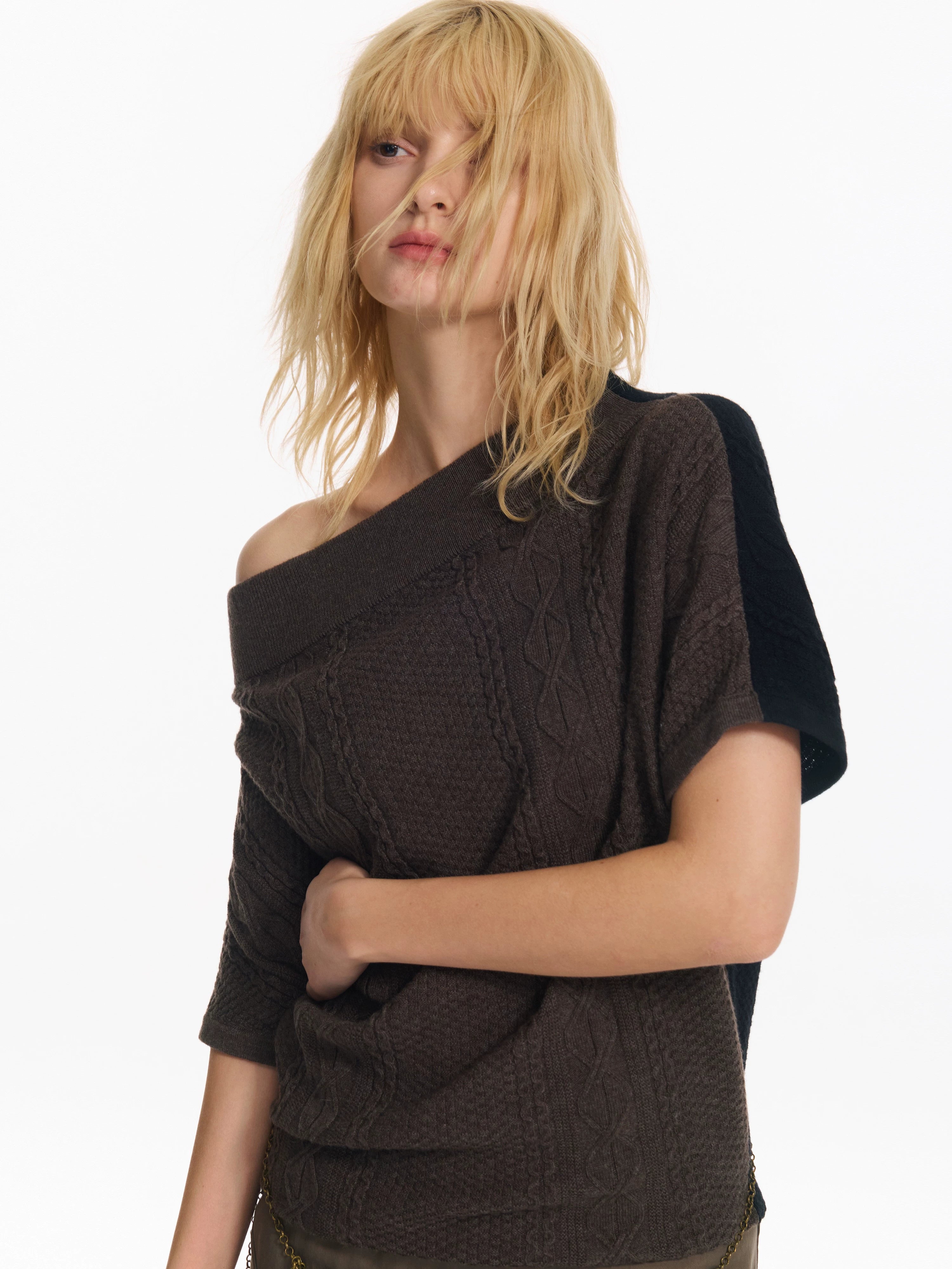 Diagonal Bat-Sleeve Knit Crewneck