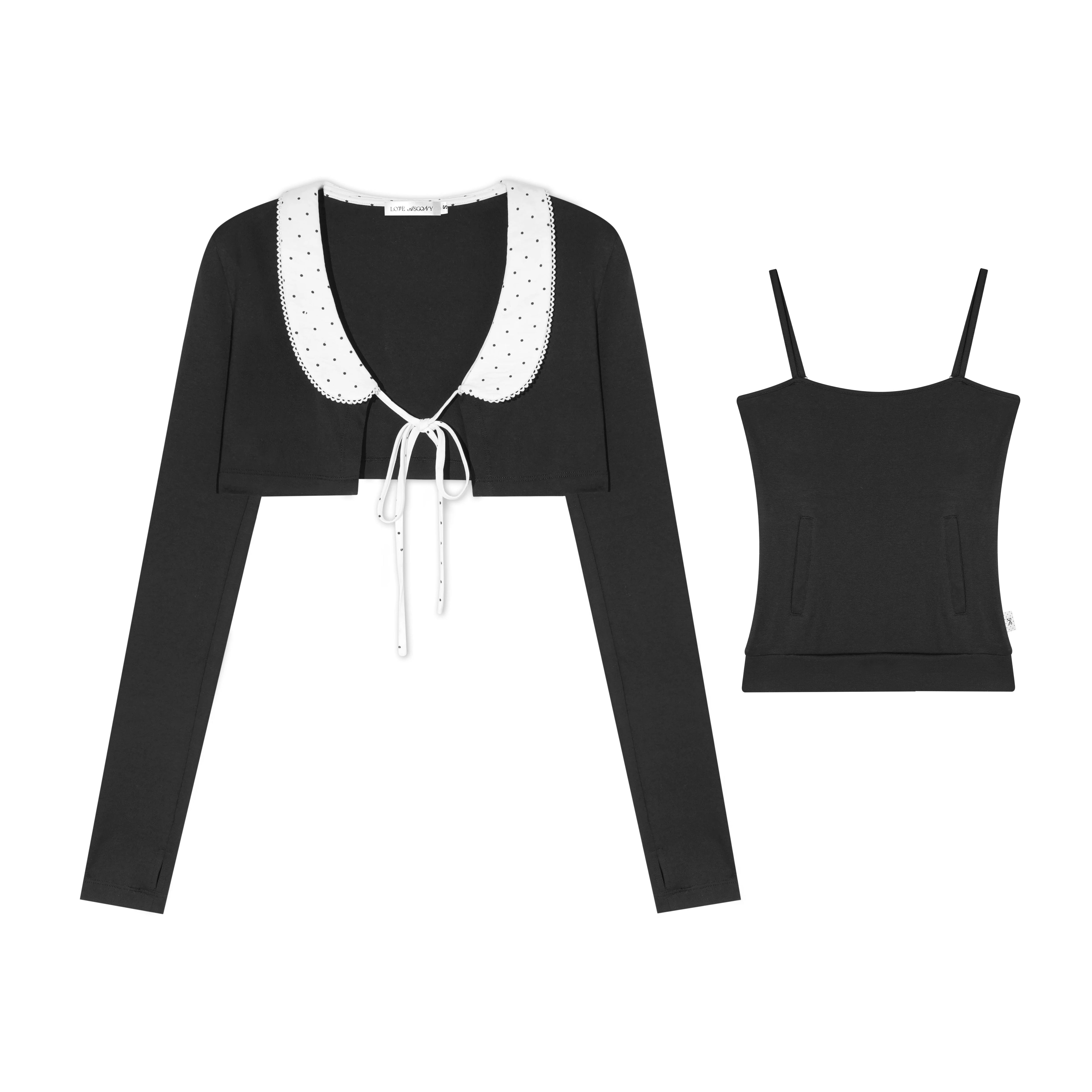 Polka Dot Lace Collar Long Sleeve Cardigan & Cami Two-Piece Set