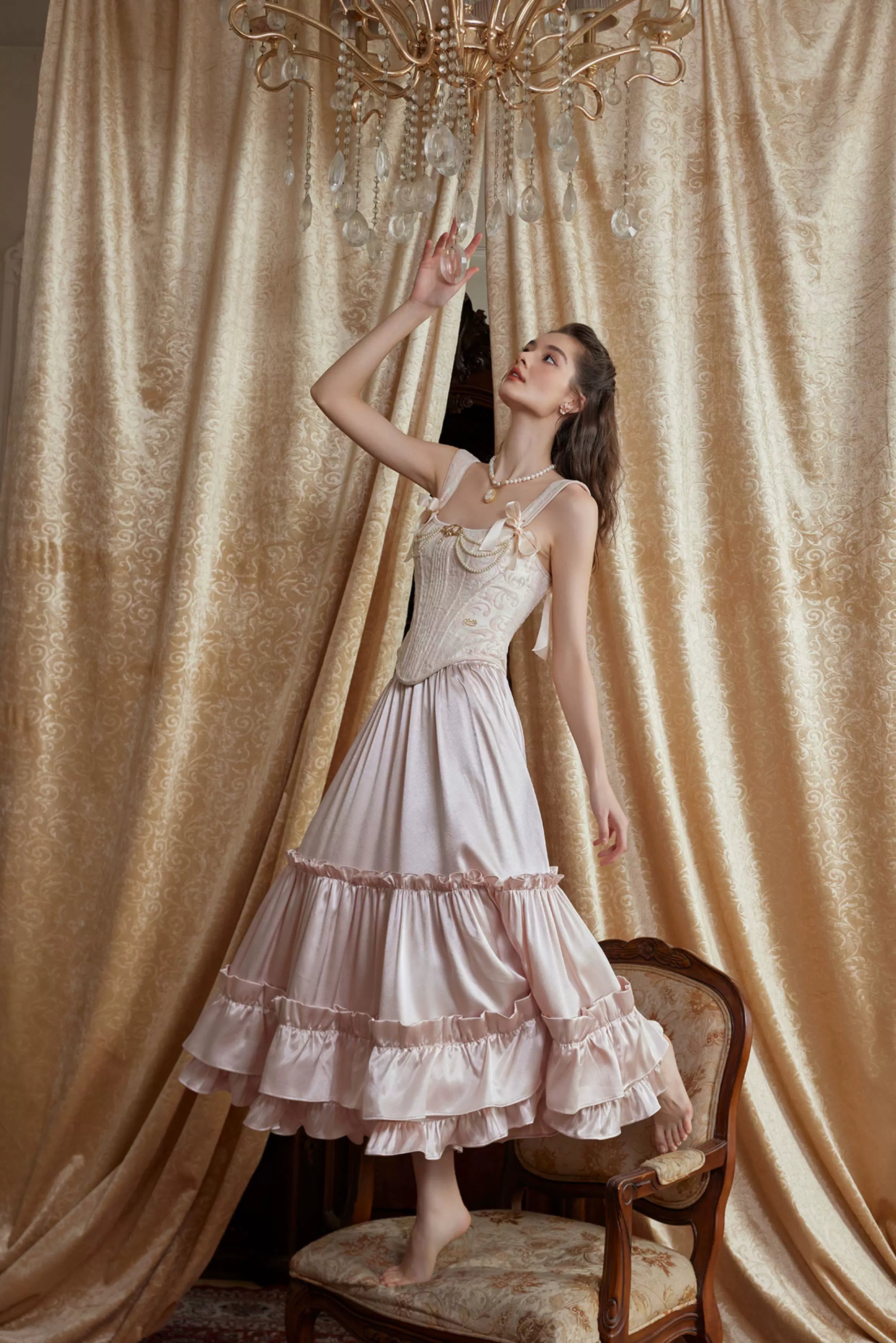 Jacquard Corset Top & Satin Ruffle Skirt Set