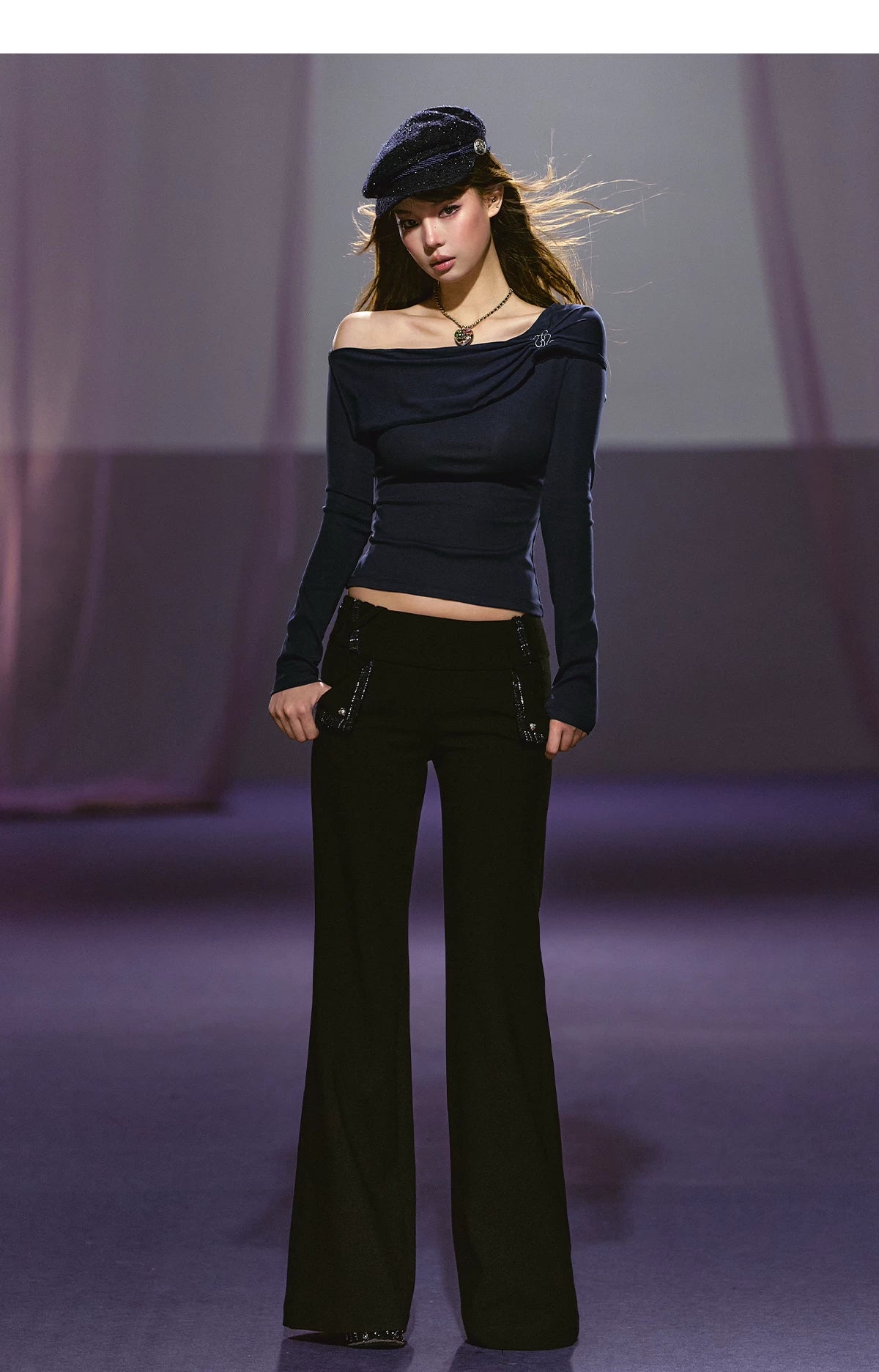 Asymmetric Ruched Embroidered Off-Shoulder Top