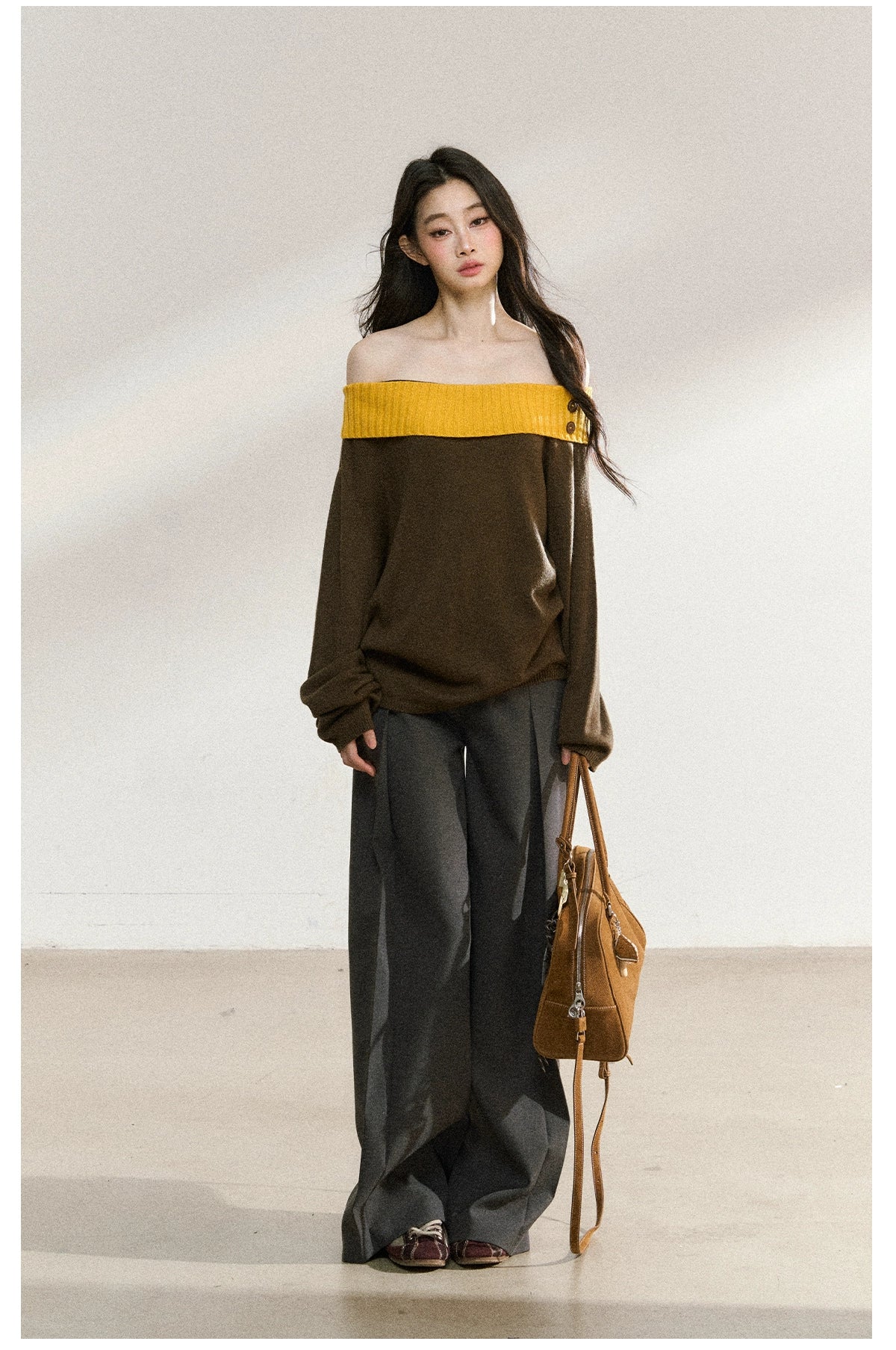 Two-Tone Asymmetric Off-Shoulder Knit Sweater - CHINASQUAD