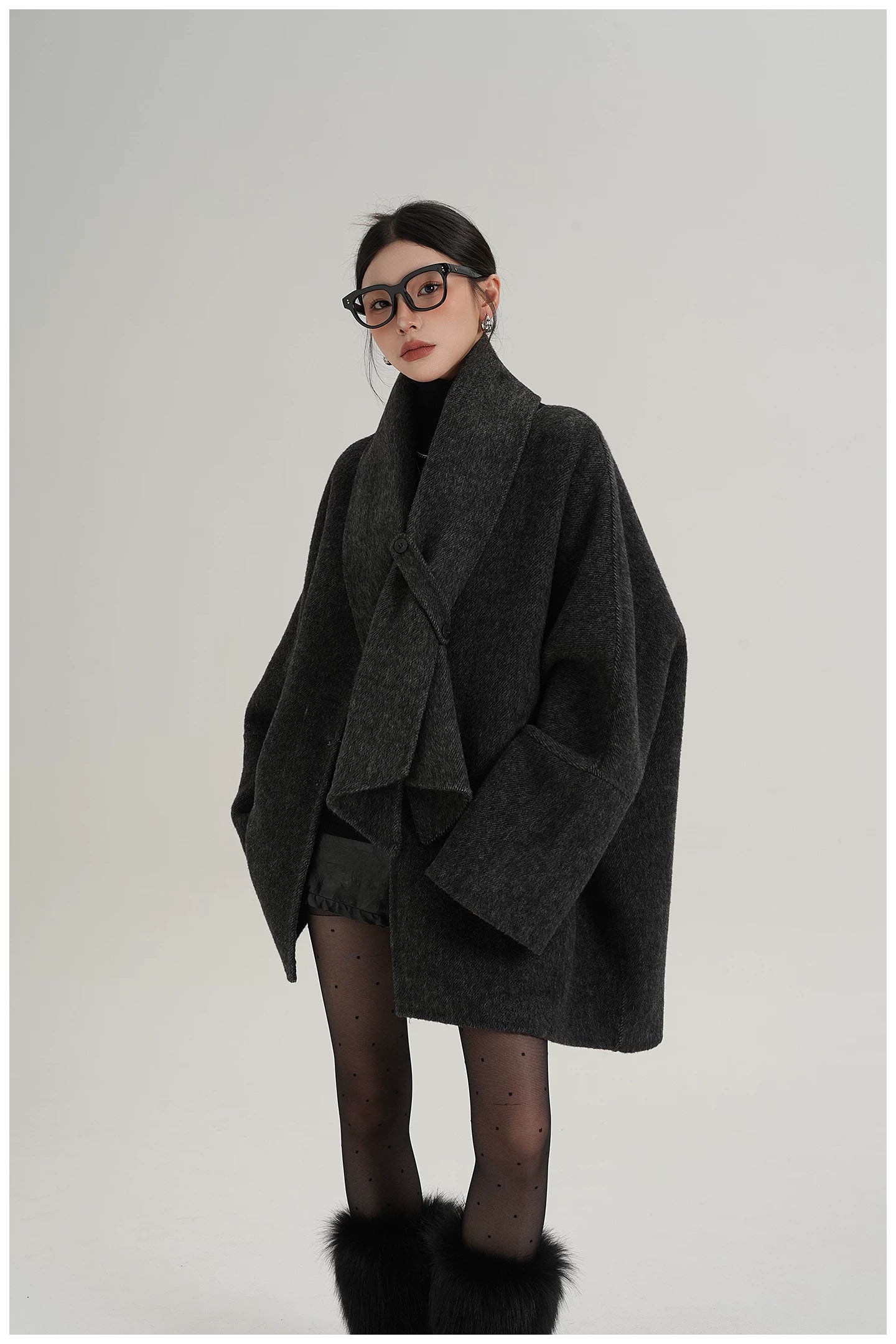 Scarf-Detail Mid-Length Wool Jacket