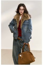 Faux Fur Collar Denim Jacket - CHINASQUAD