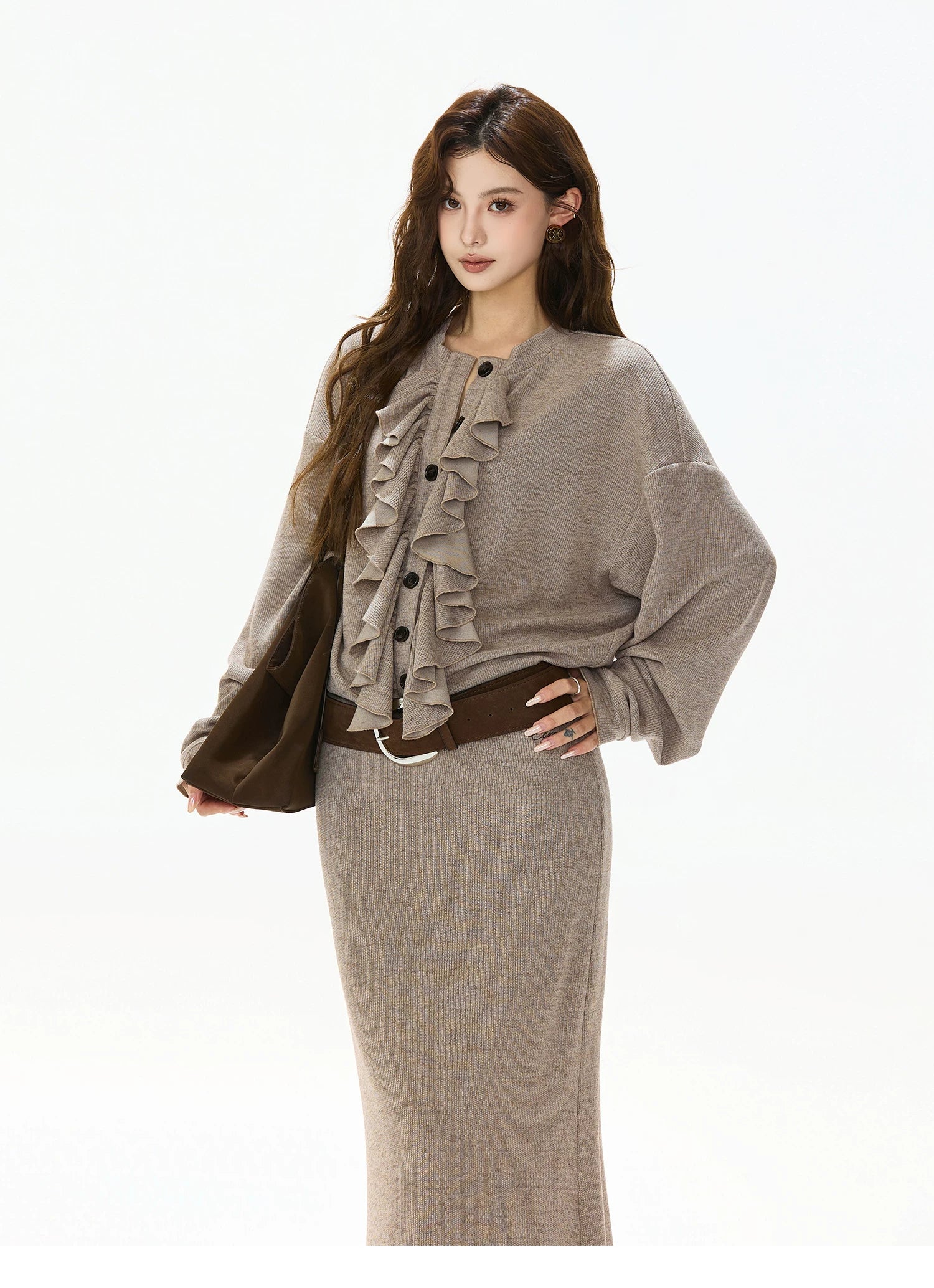 Ruffle-Trim Batwing-Sleeve Knit Crewneck