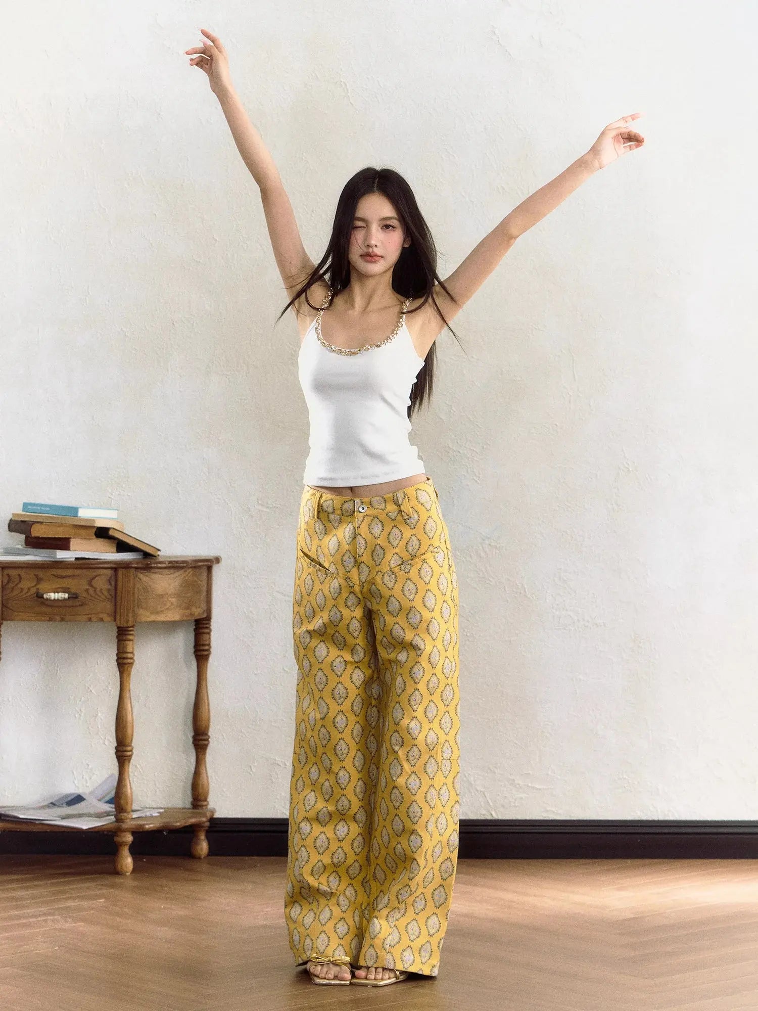 Yellow Embroidered Wide-Leg Pants - CHINASQUAD