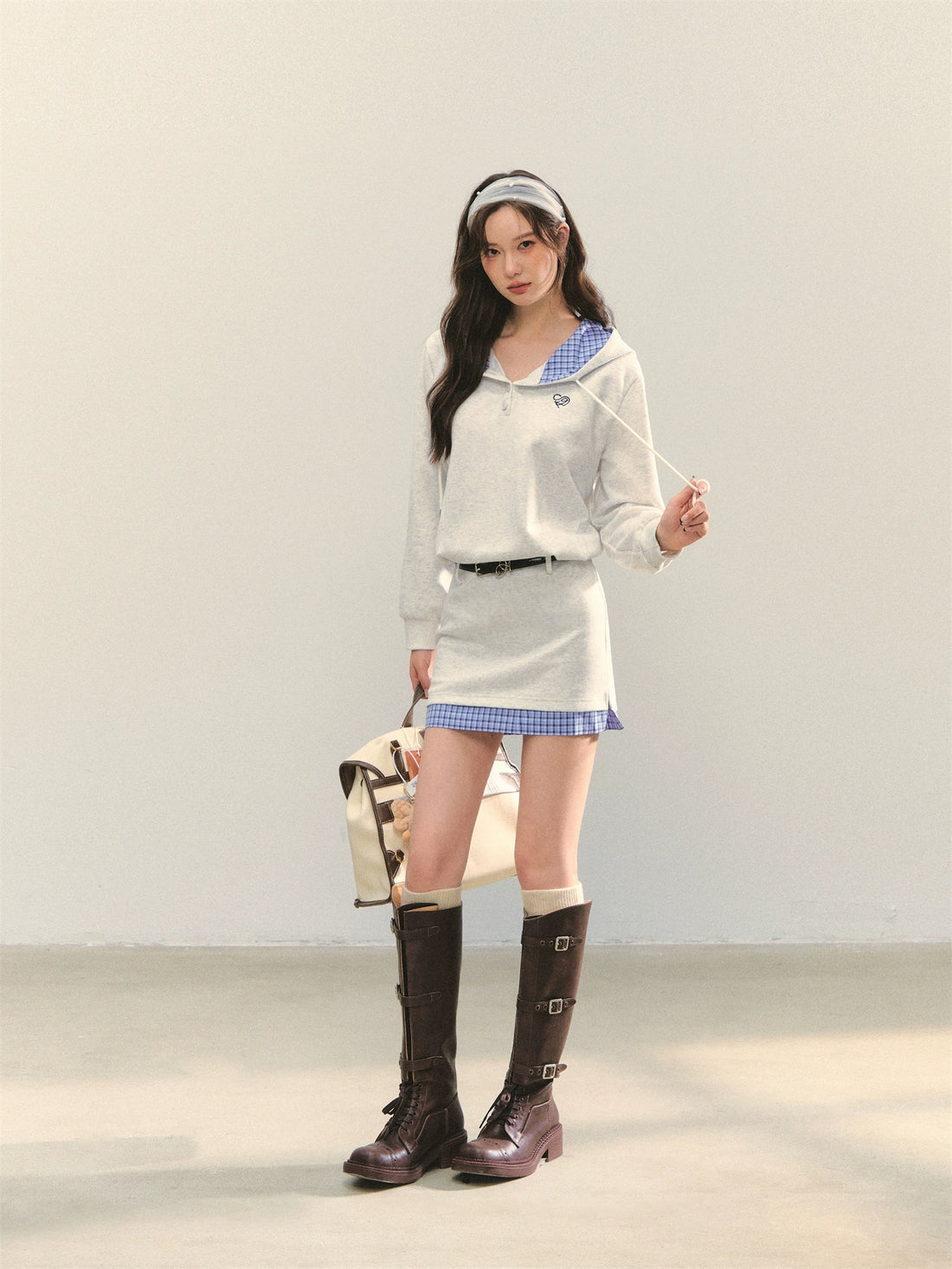 Plaid Splicing Embroidery Hooded Dress - CHINASQUAD