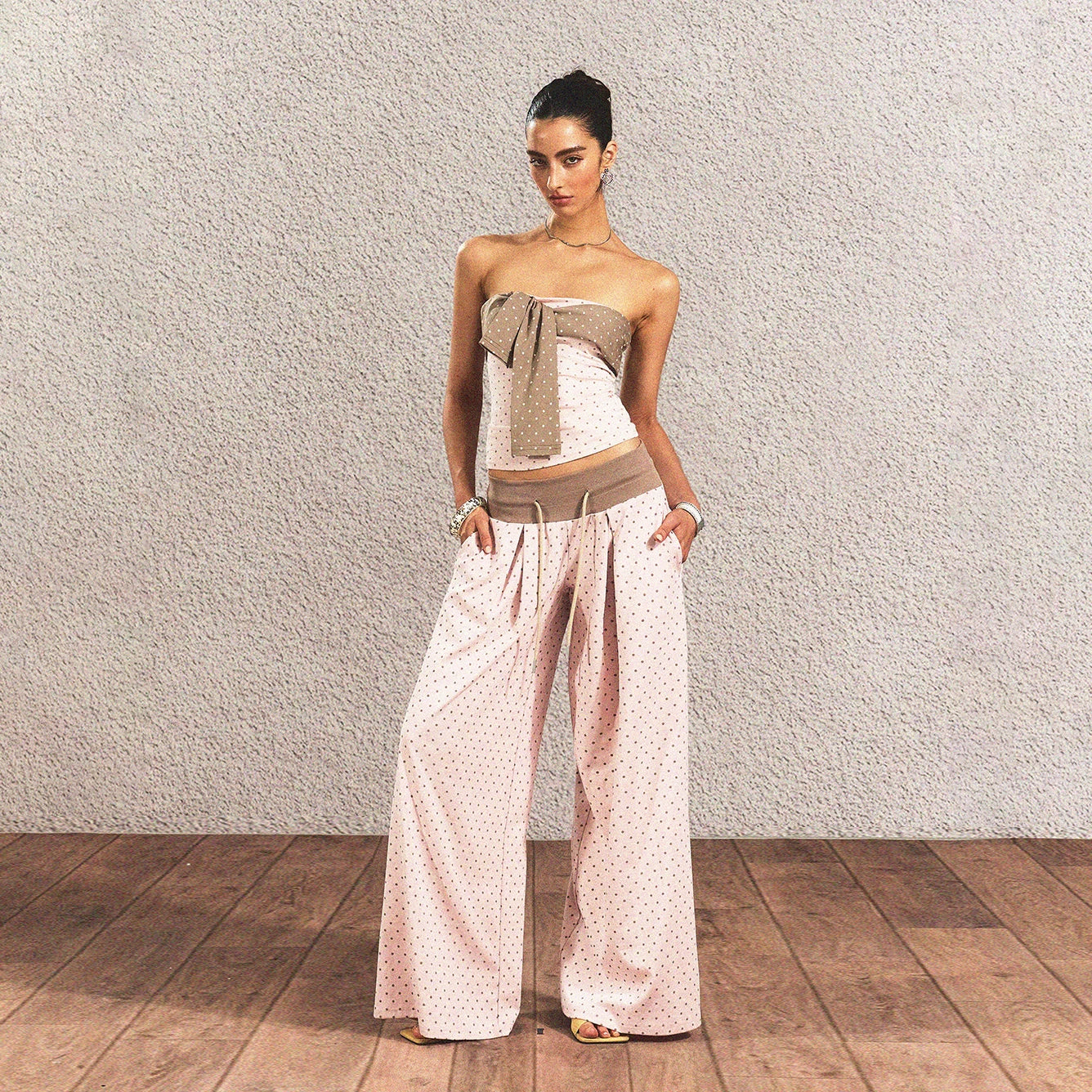 Polka-Dot Bandeau Top & Straight-Leg Pants Set